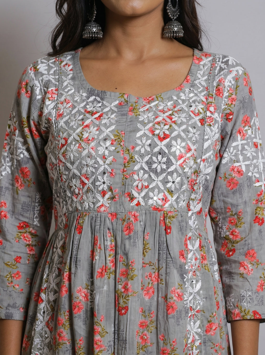 Grey Floral Print Cotton Kurta with Hand Chikankari Embroidery