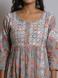 Grey Floral Print Cotton Kurta with Hand Chikankari Embroidery