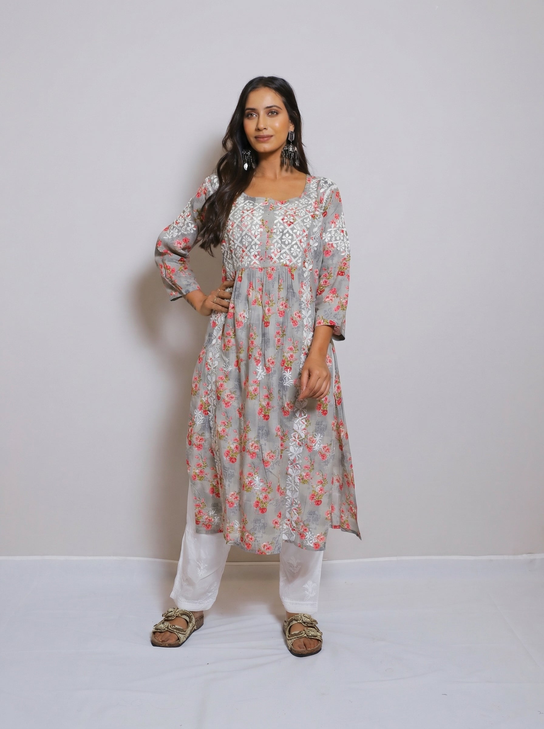 Grey Floral Print Cotton Kurta with Hand Chikankari Embroidery