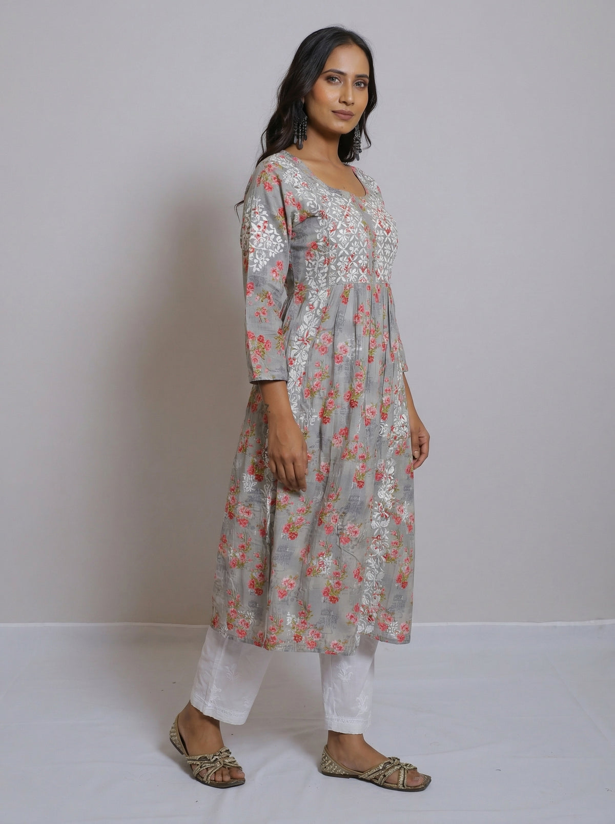 Grey Floral Print Cotton Kurta with Hand Chikankari Embroidery