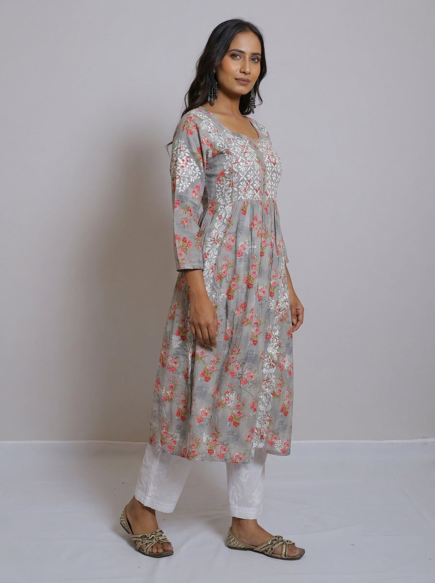 Grey Floral Print Cotton Kurta with Hand Chikankari Embroidery