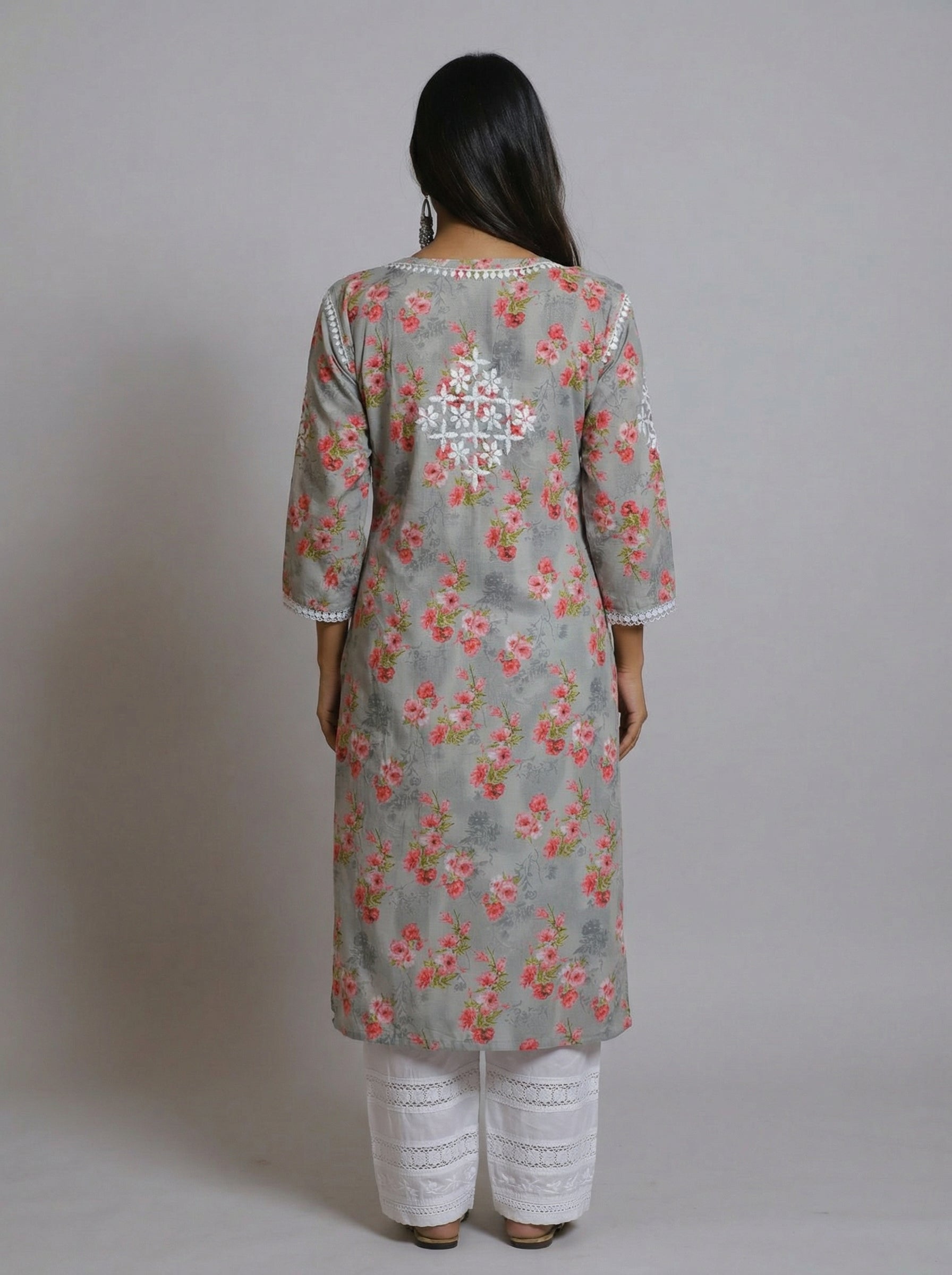 Grey Floral Print Cotton Kurta with Hand Chikankari Embroidery
