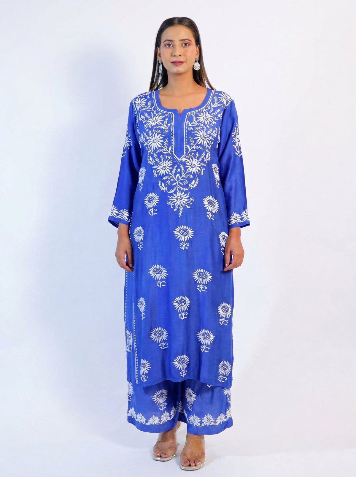 Royal Blue Modal Kurta & Palazzo Set with Lucknowi Chikankari Handwork