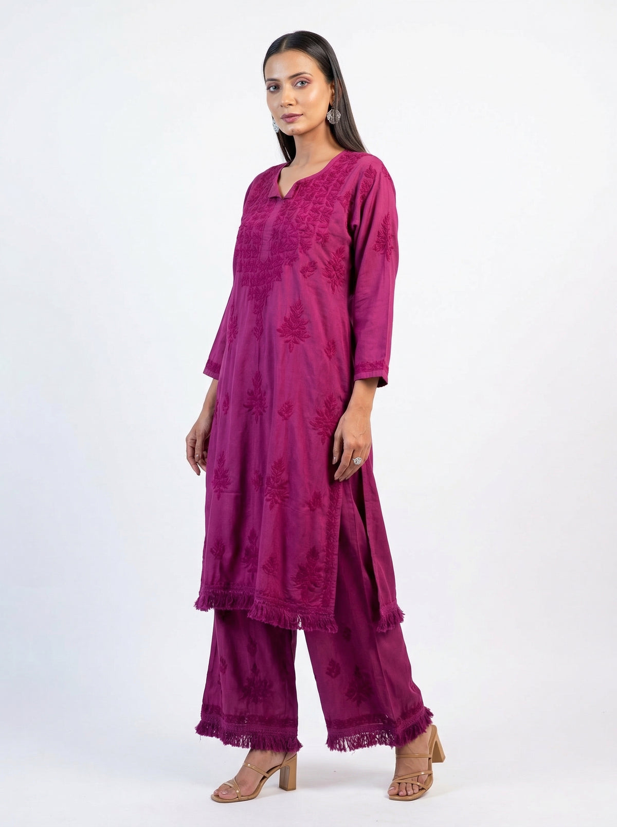 Coral Rust Modal Kurta Set with Lace Trim