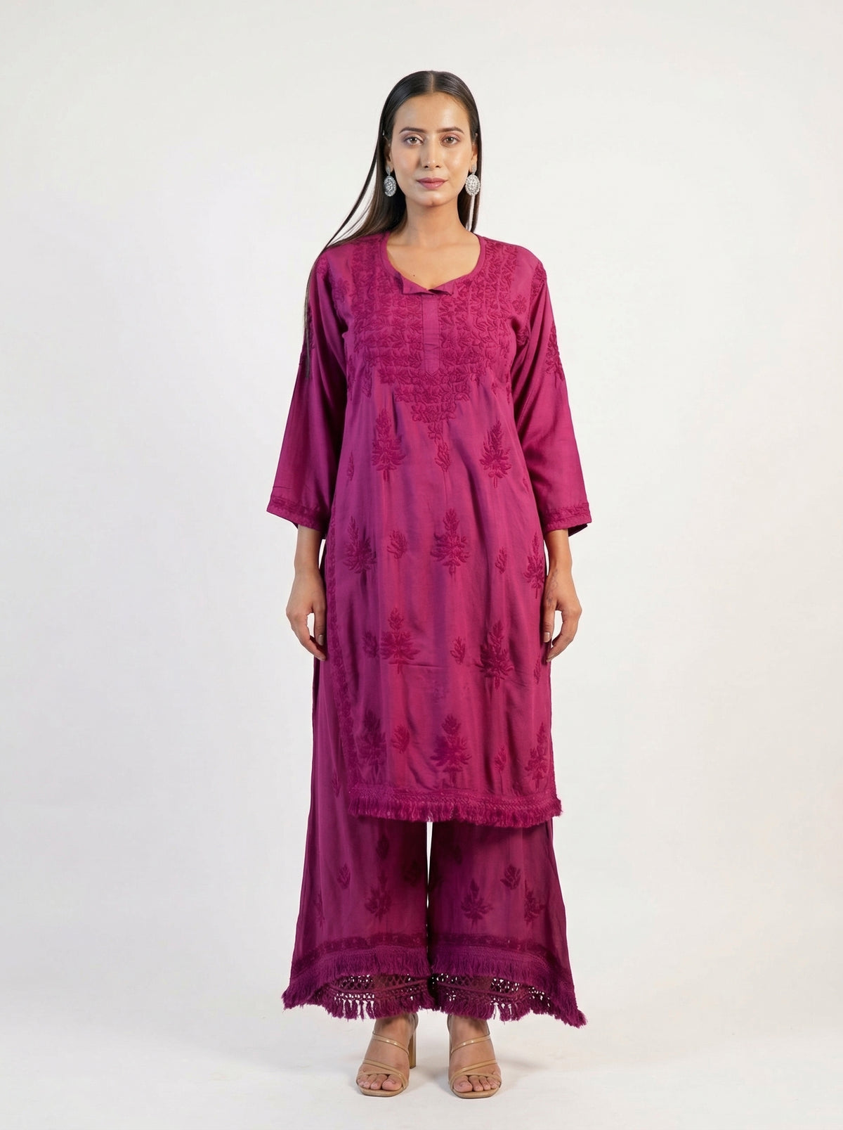 Coral Rust Modal Kurta Set with Lace Trim