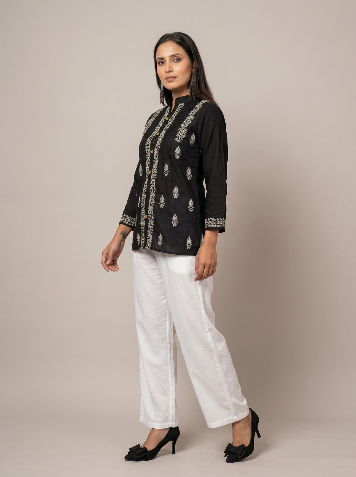 Classic Black Cotton Chikankari Shirt-Style Top