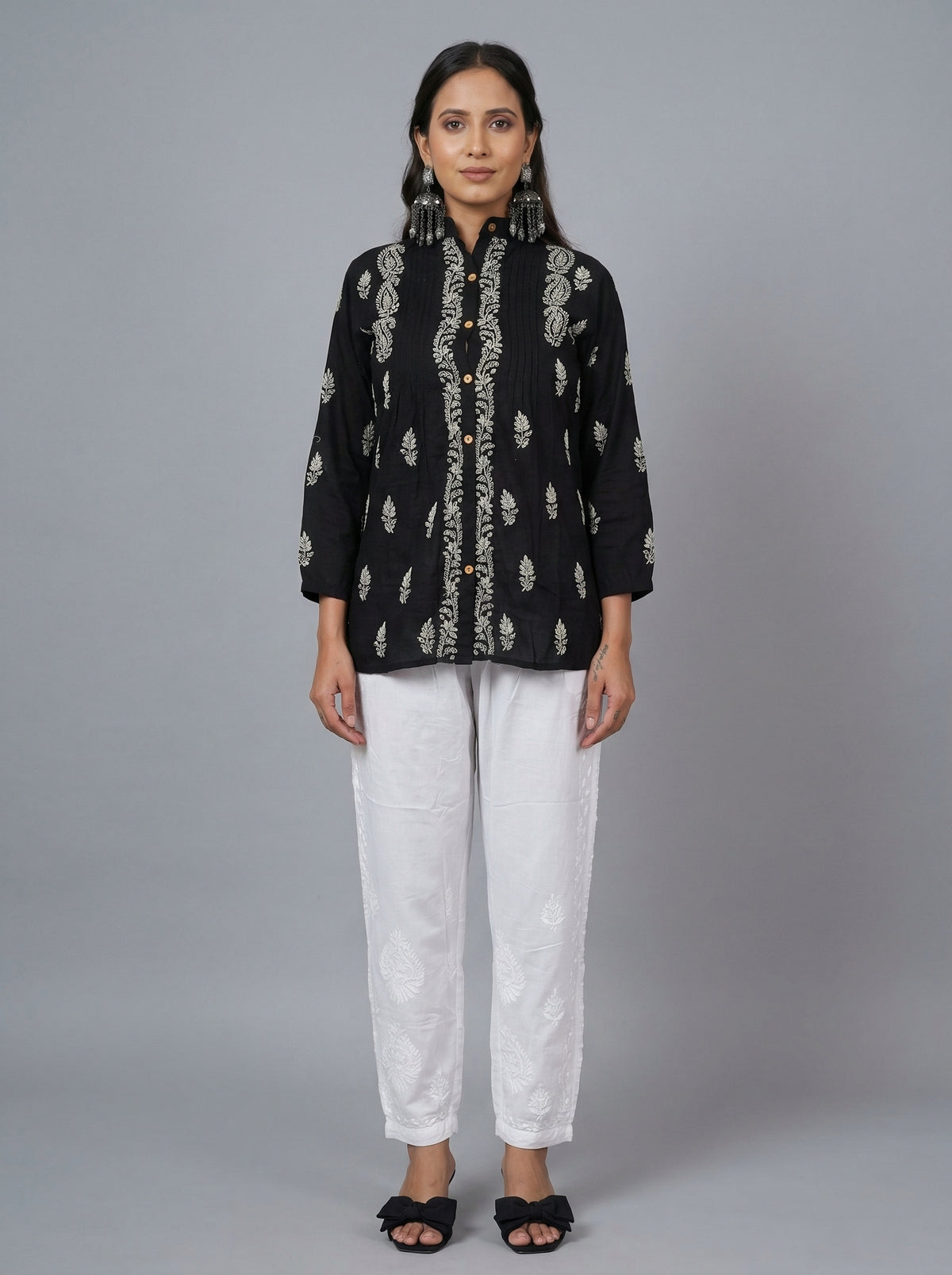 Classic Black Cotton Chikankari Shirt-Style Top