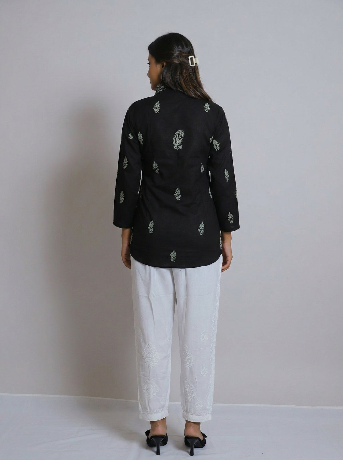 Classic Black Cotton Chikankari Shirt-Style Top