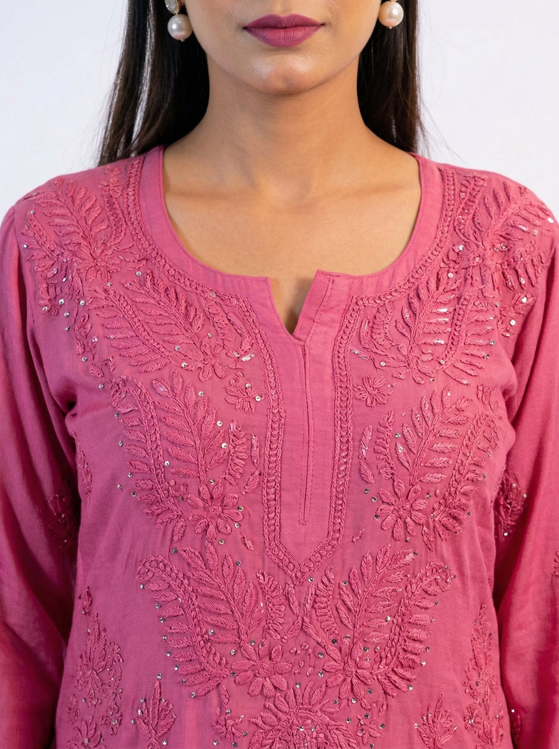 Coral Rust Modal Kurta Set with Lace Trim