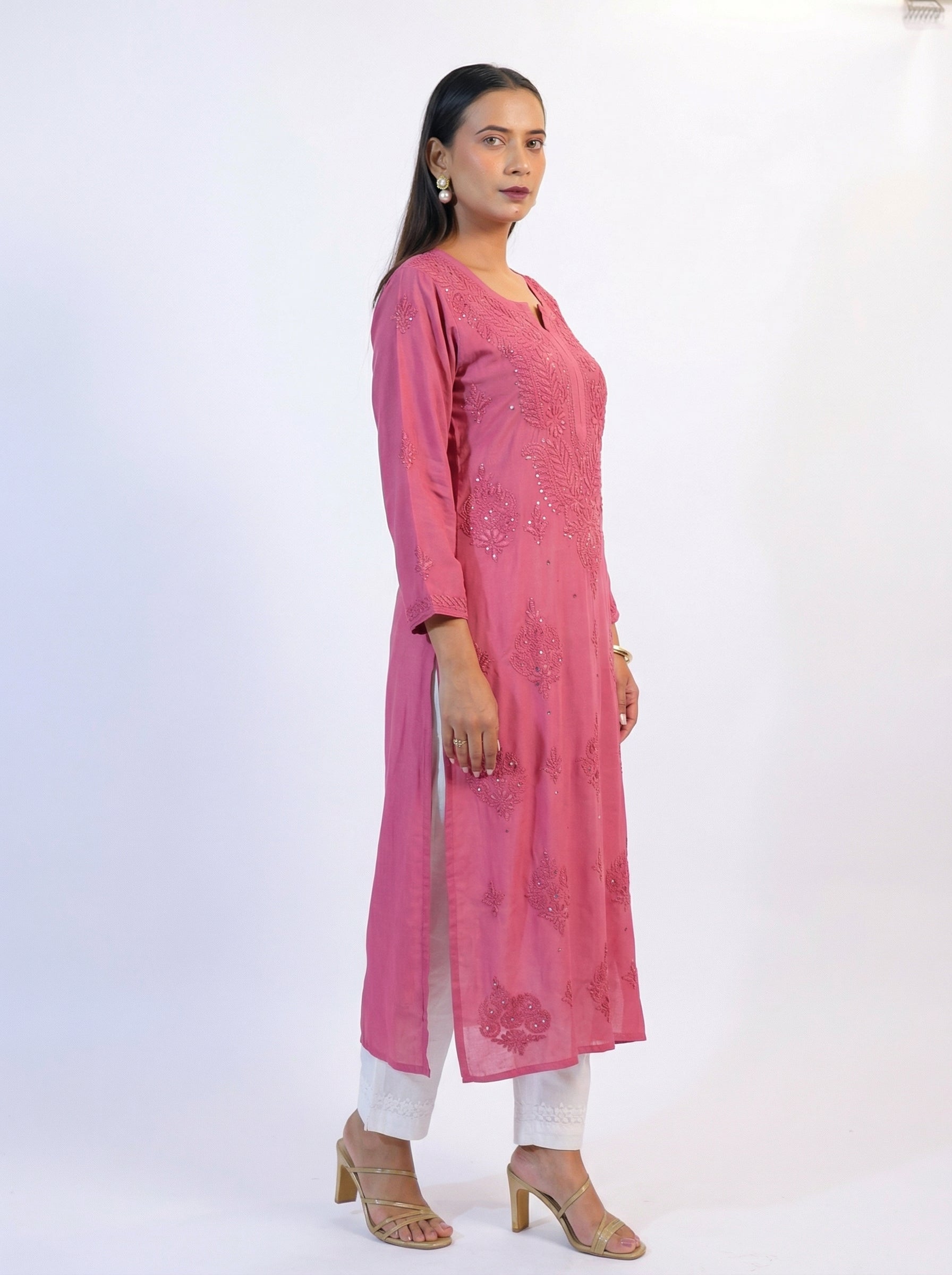 Coral Rust Modal Kurta Set with Lace Trim