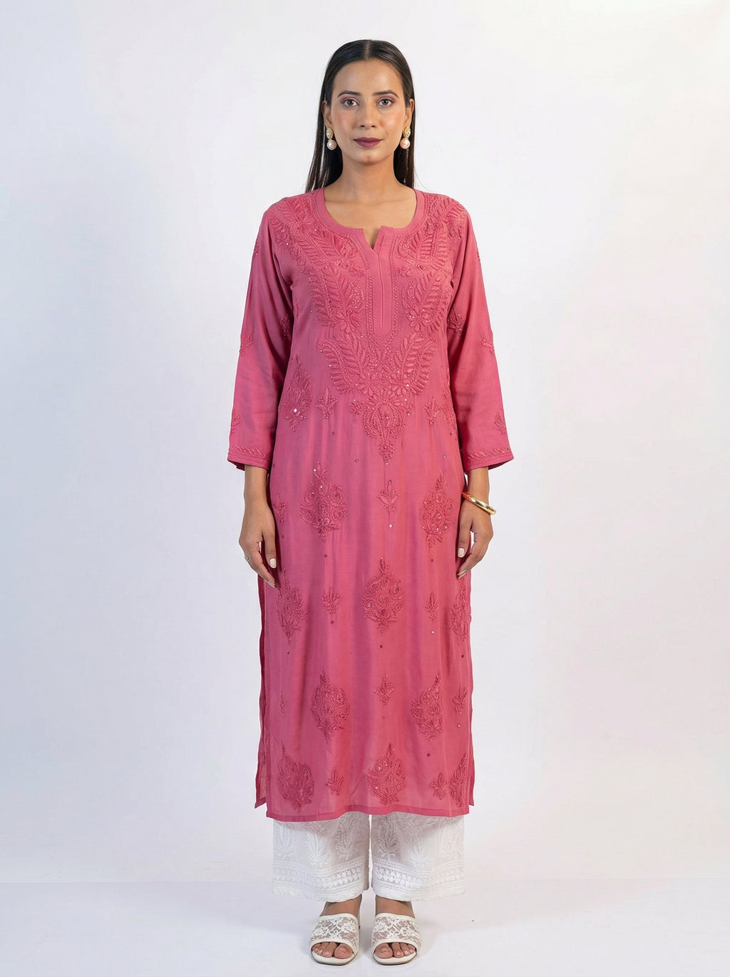 Coral Rust Modal Kurta Set with Lace Trim