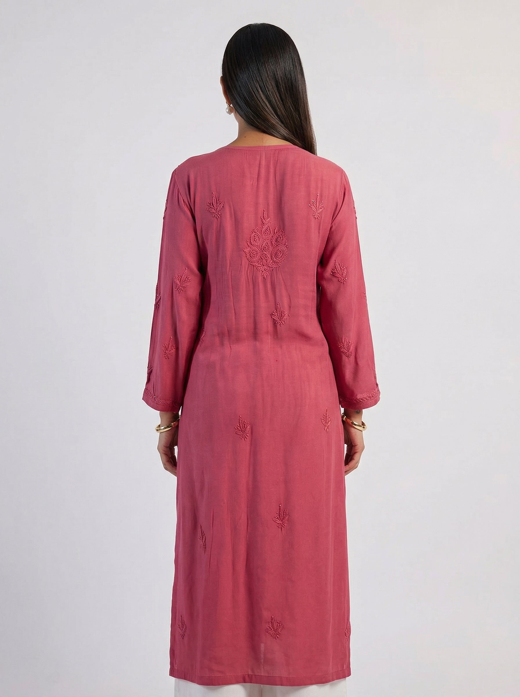 Coral Rust Modal Kurta Set with Lace Trim