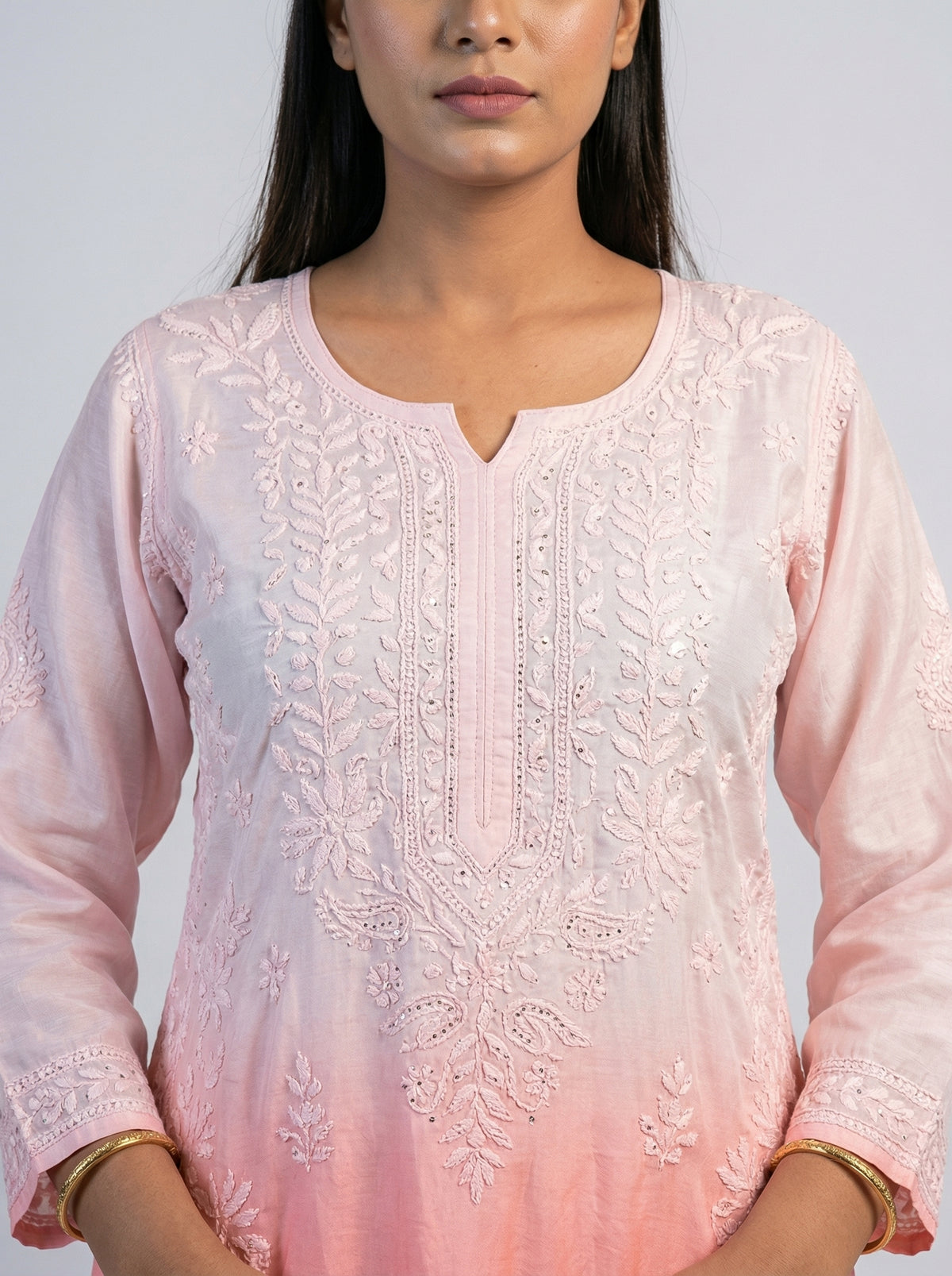 Pastel Pink Ombre Satin Chikankari Straight Kurta