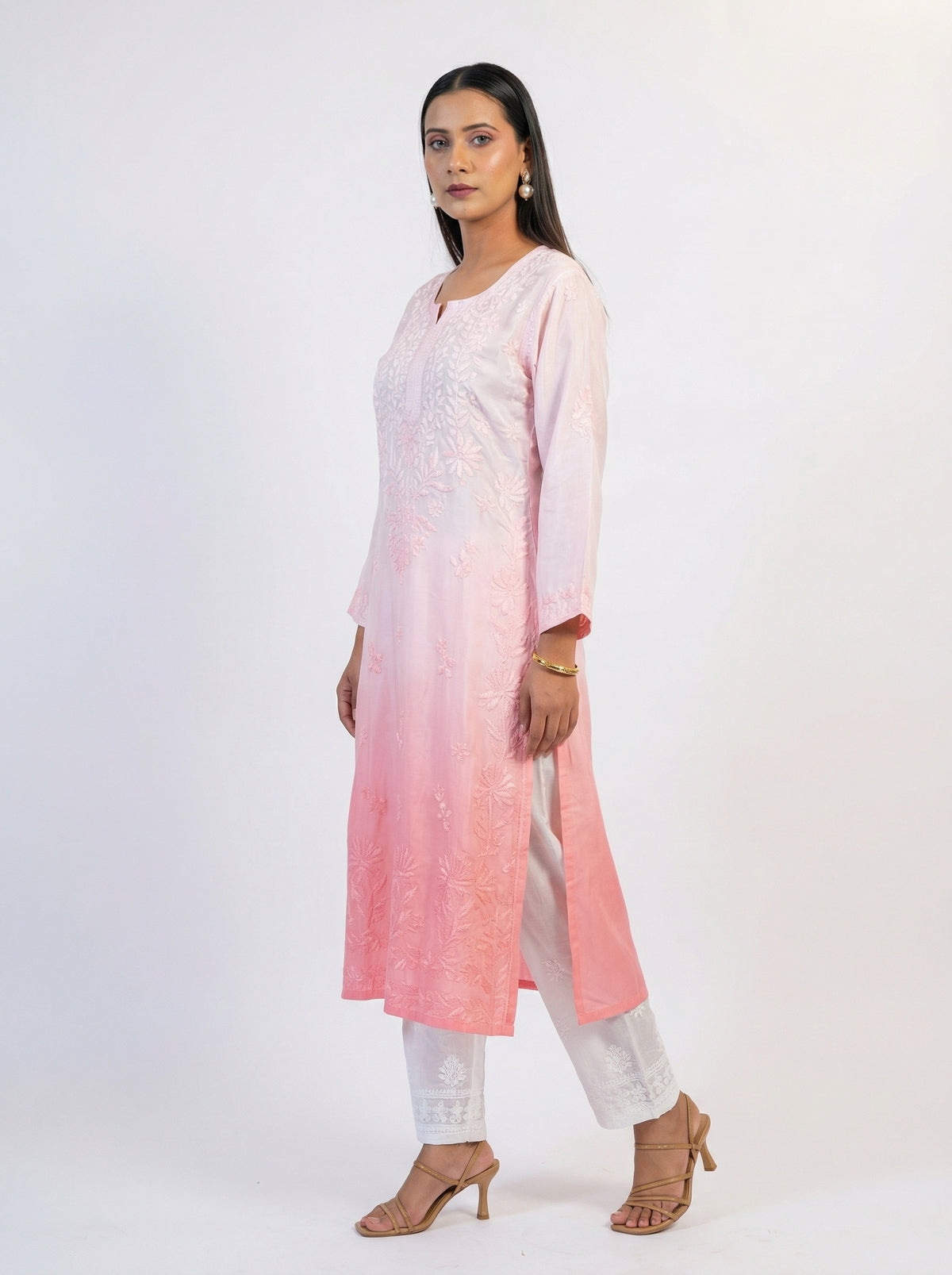 Pastel Pink Ombre Satin Chikankari Straight Kurta