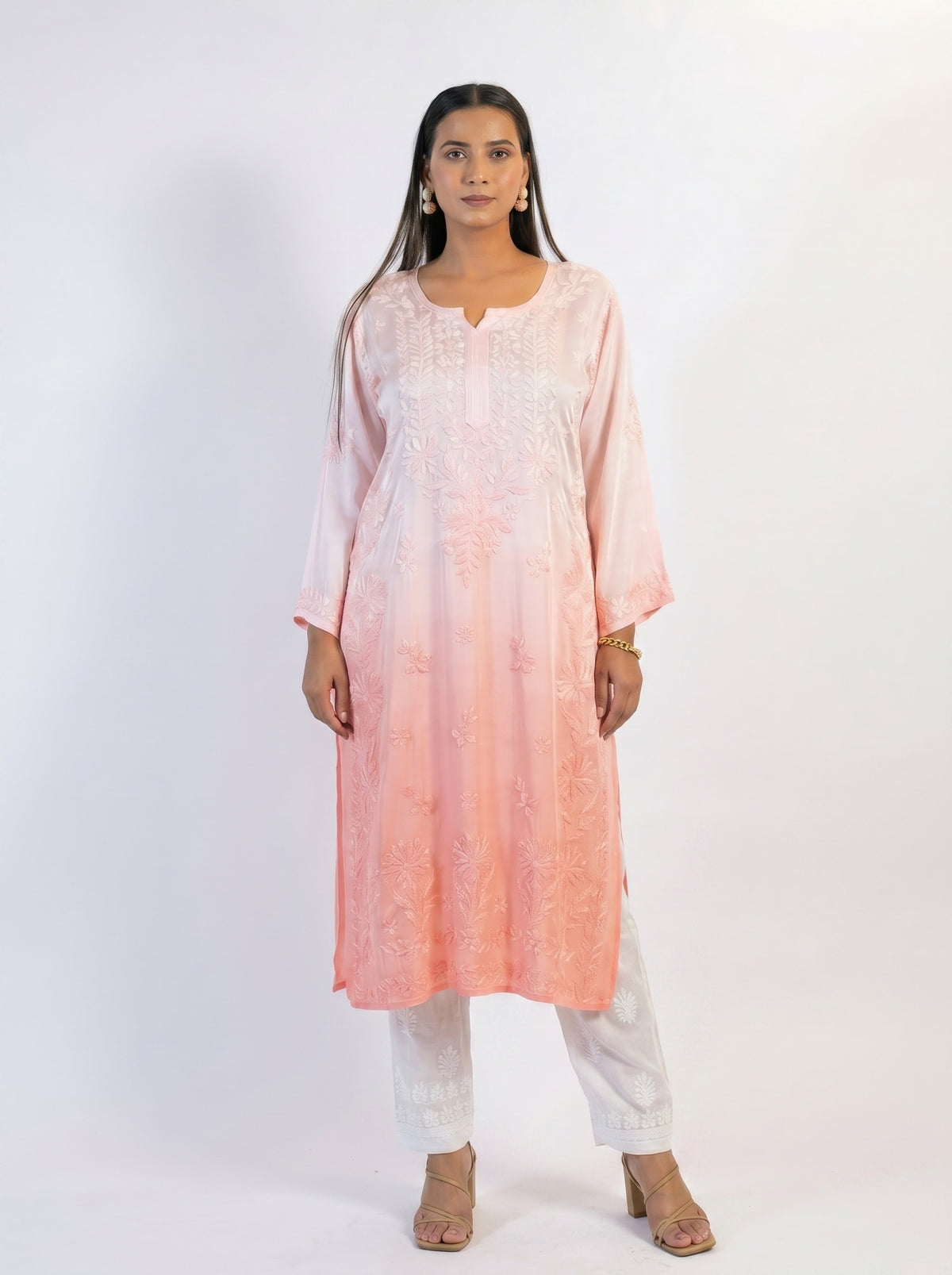 Pastel Pink Ombre Satin Chikankari Straight Kurta