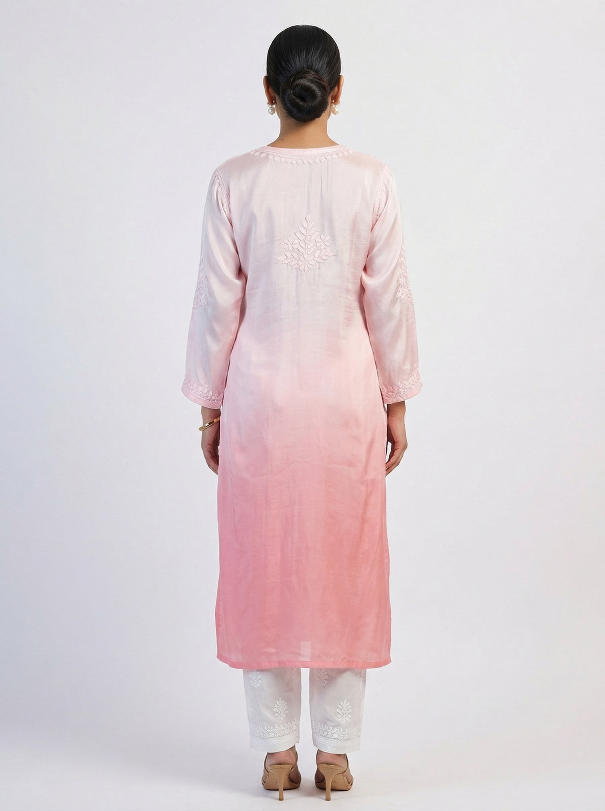 Pastel Pink Ombre Satin Chikankari Straight Kurta