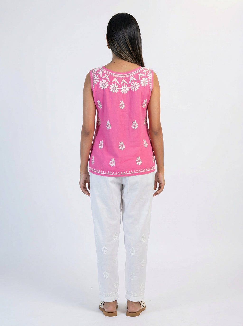 Coral Pink Cotton Top with Chikankari Embroidery