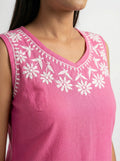 Coral Pink Cotton Top with Chikankari Embroidery