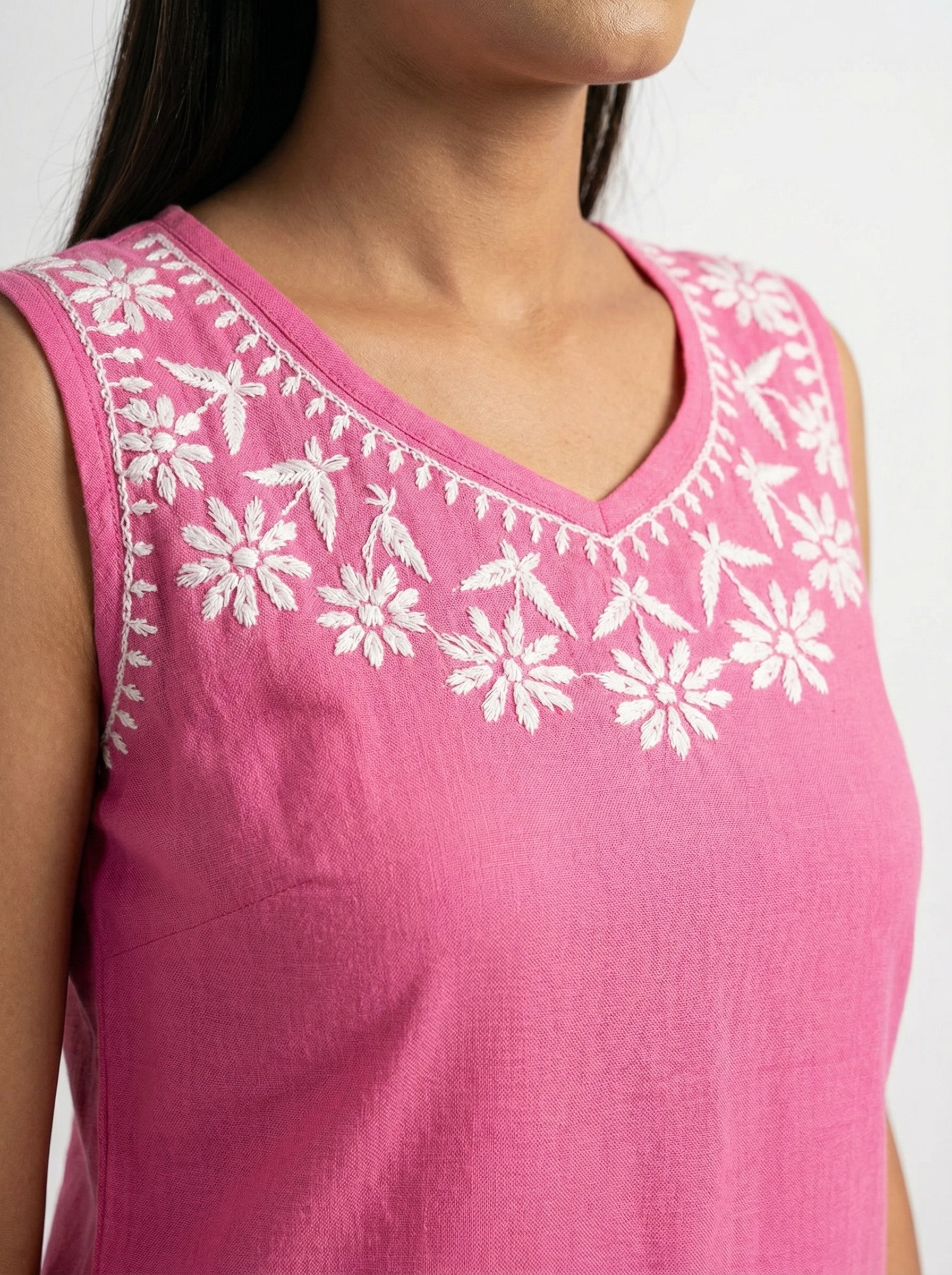 Coral Pink Cotton Top with Chikankari Embroidery