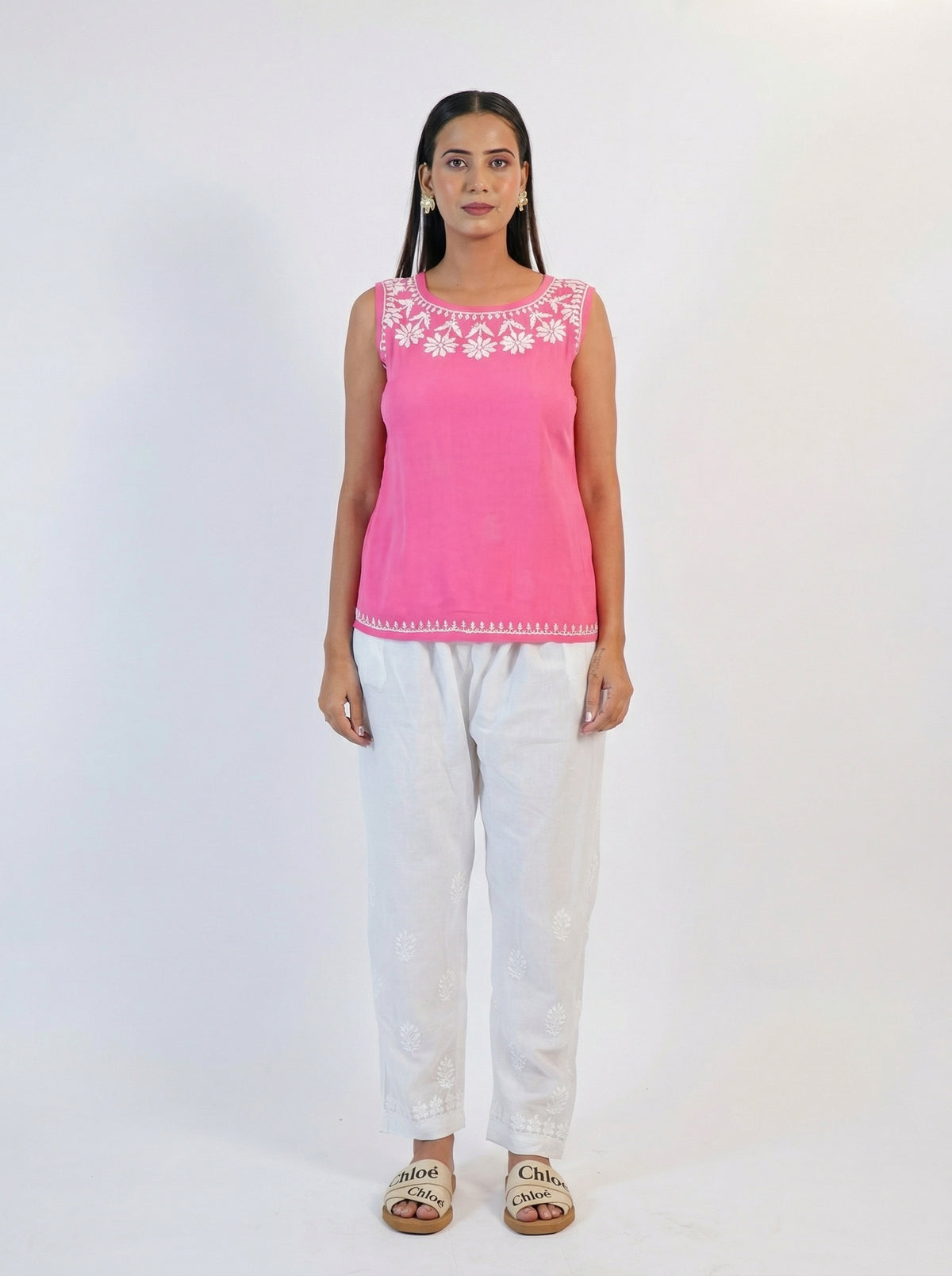 Coral Pink Cotton Top with Chikankari Embroidery