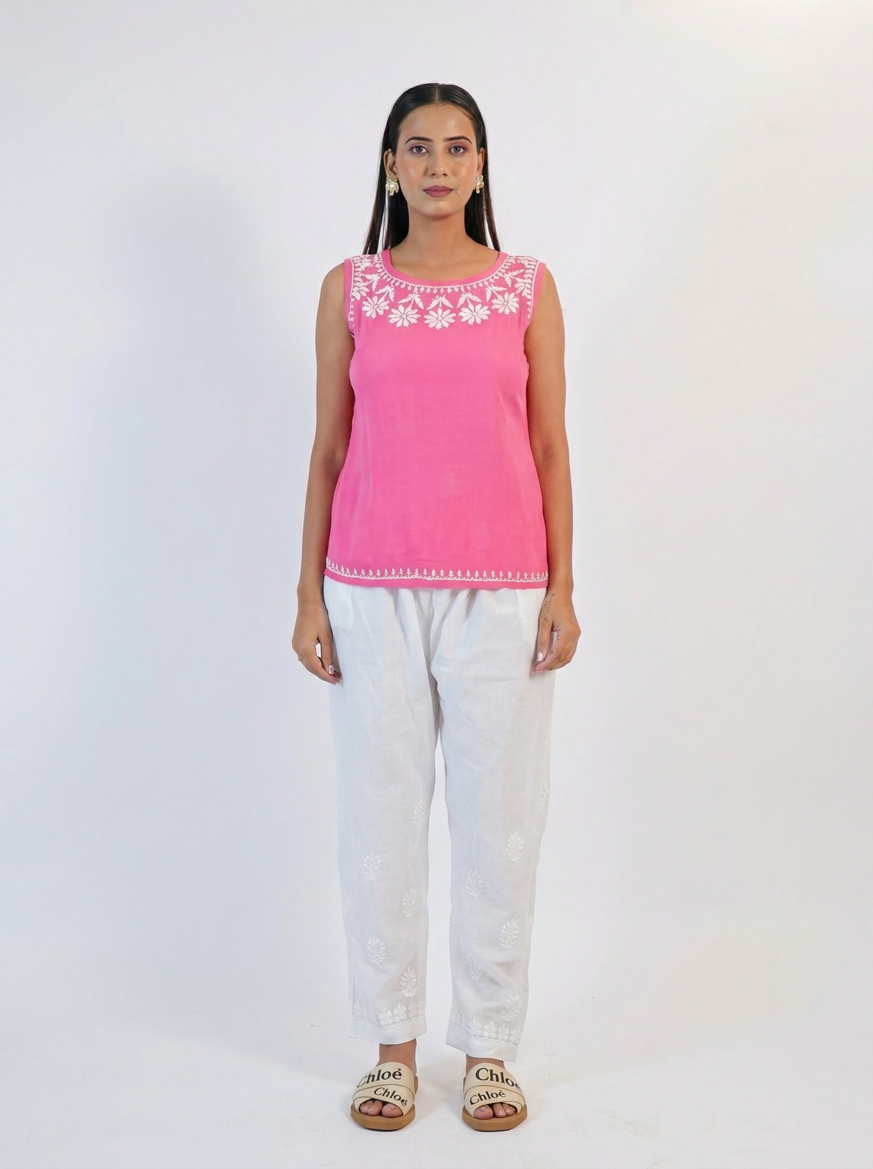 Coral Pink Cotton Top with Chikankari Embroidery