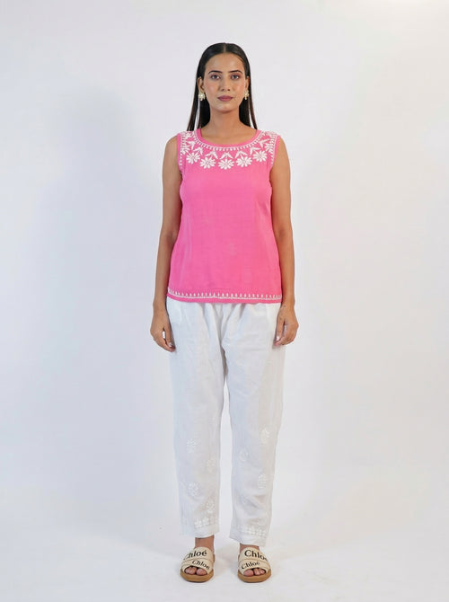 Coral Pink Cotton Top with Chikankari Embroidery