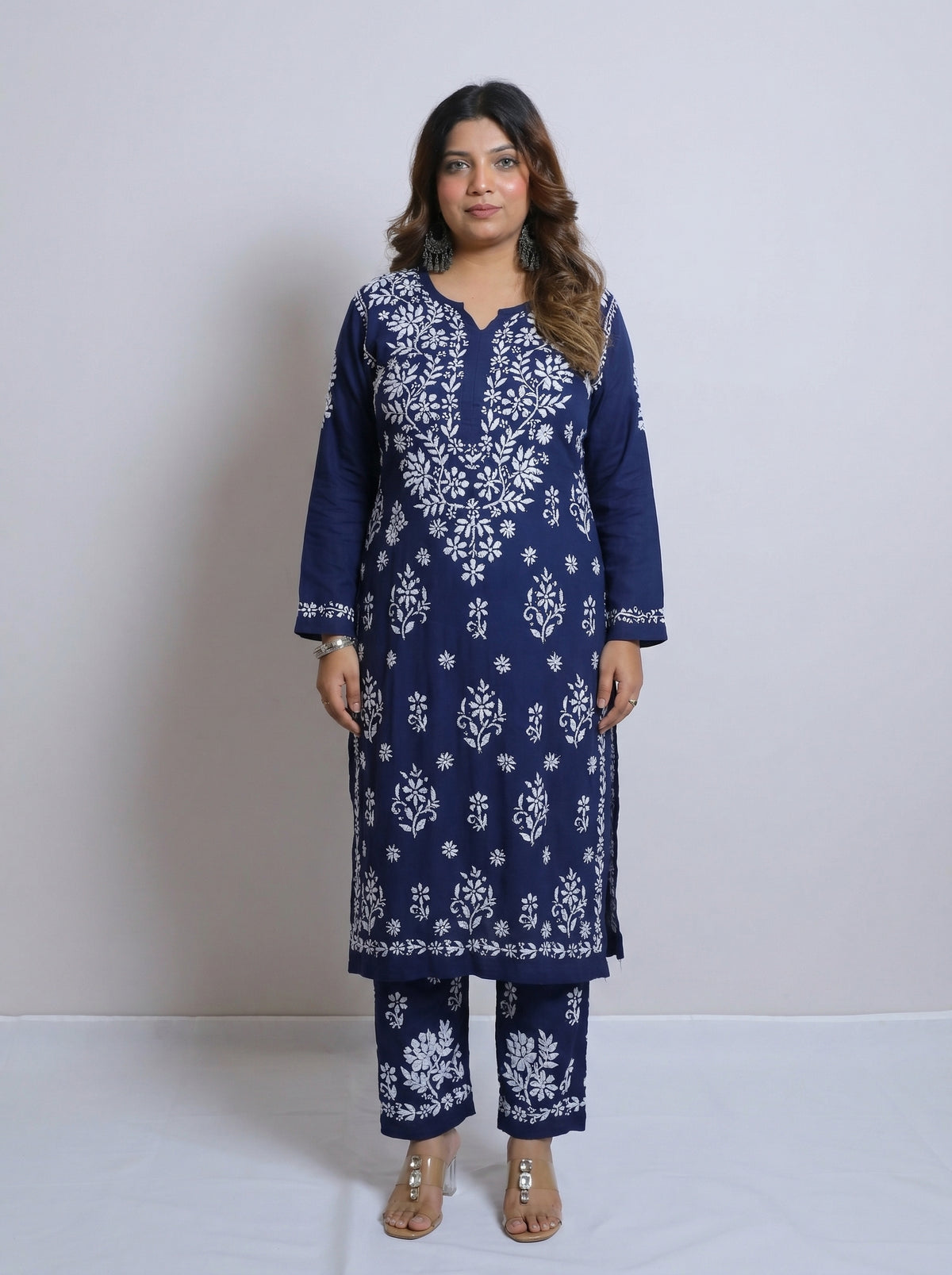 Regal Navy Blue Modal Chikankari Kurta & Palazzo Set