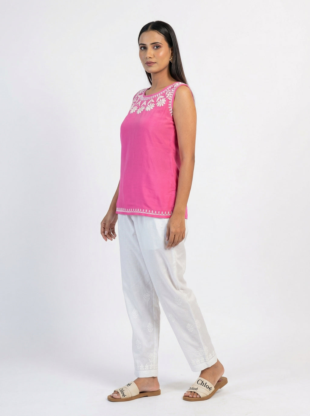Coral Pink Cotton Top with Chikankari Embroidery