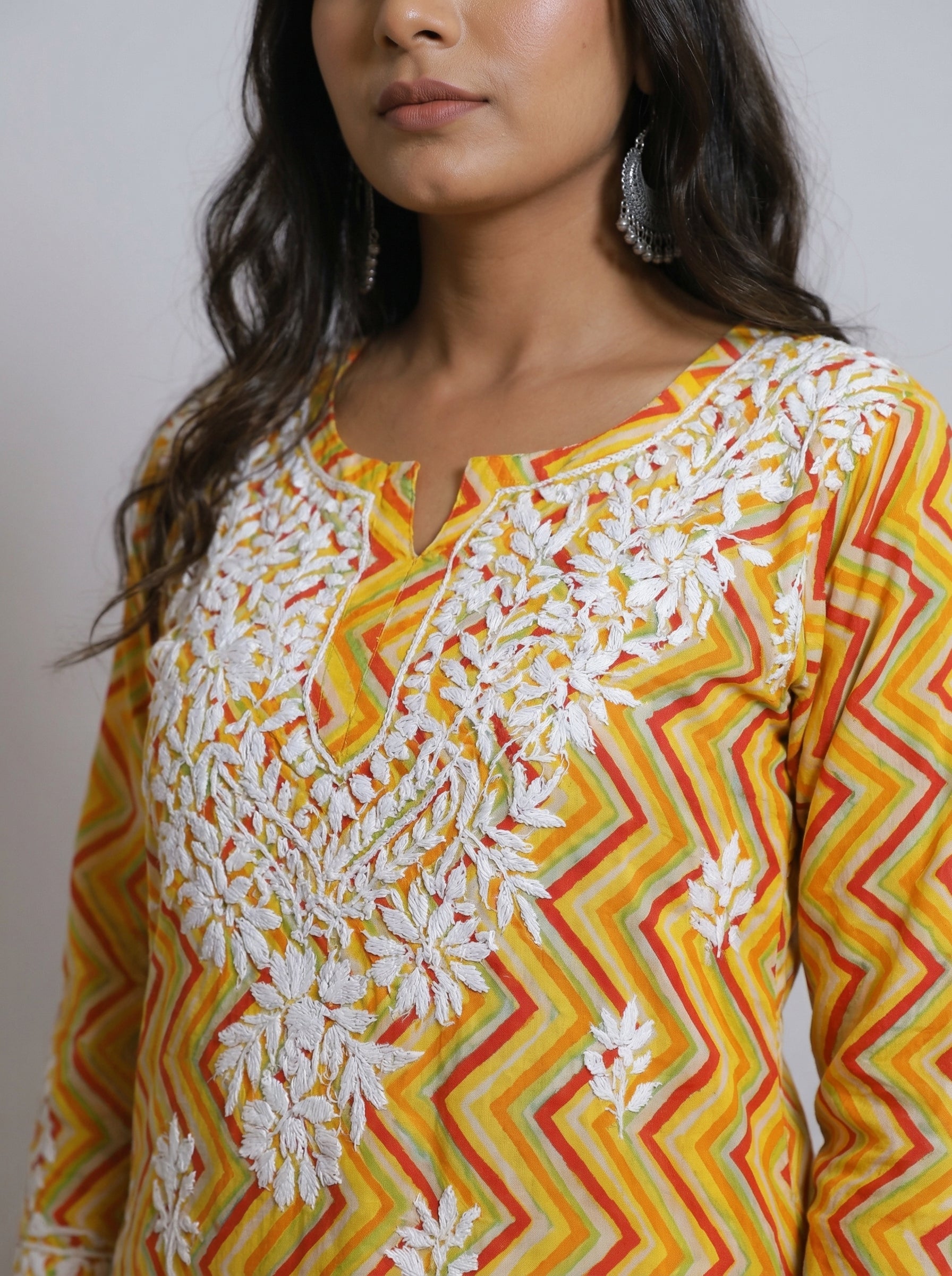 Multicolor Chevron Print Tunic with Chikankari Embroidery