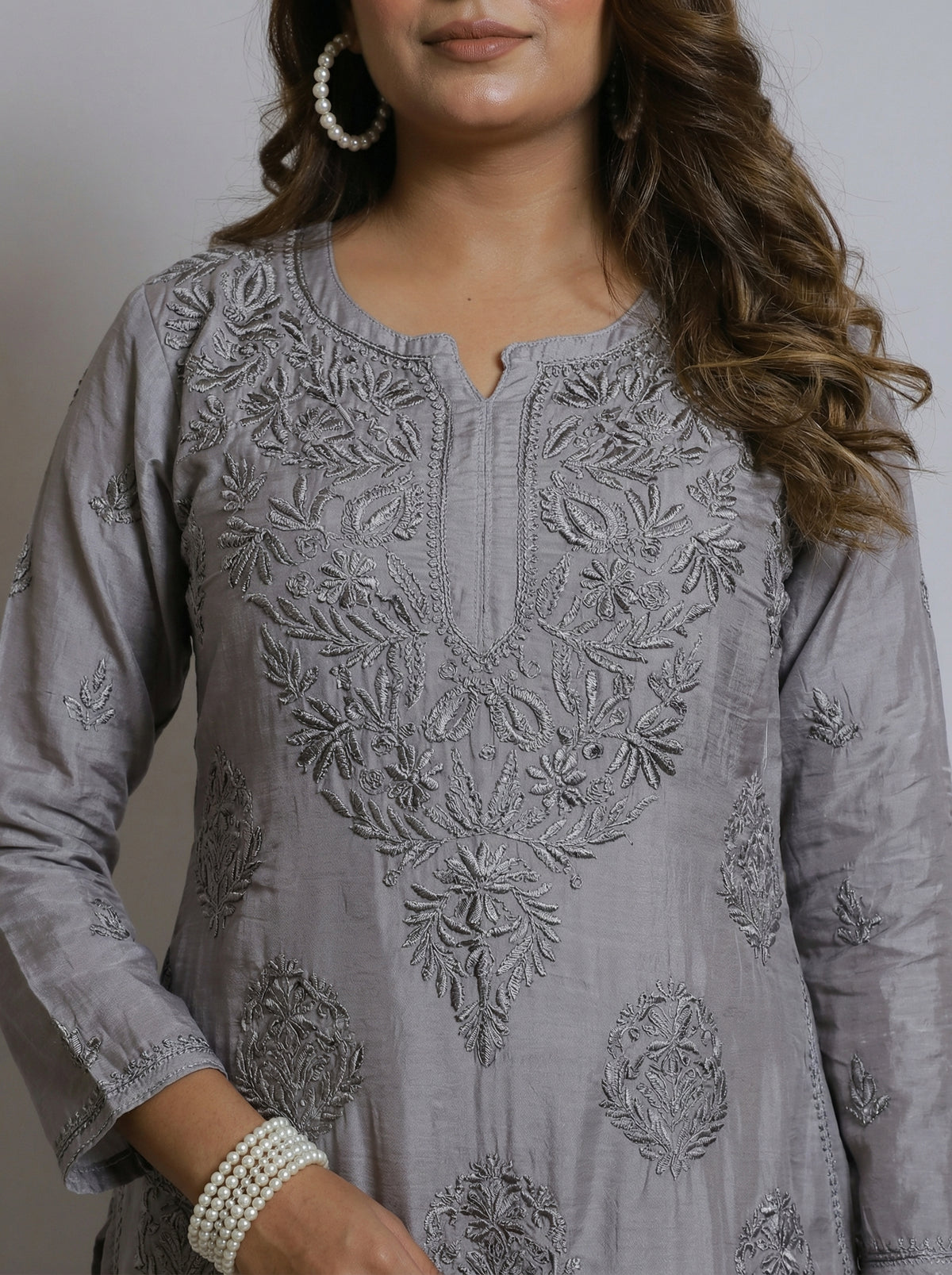Slate Grey Muslin Kurta - Intricate Tonal Embroidery