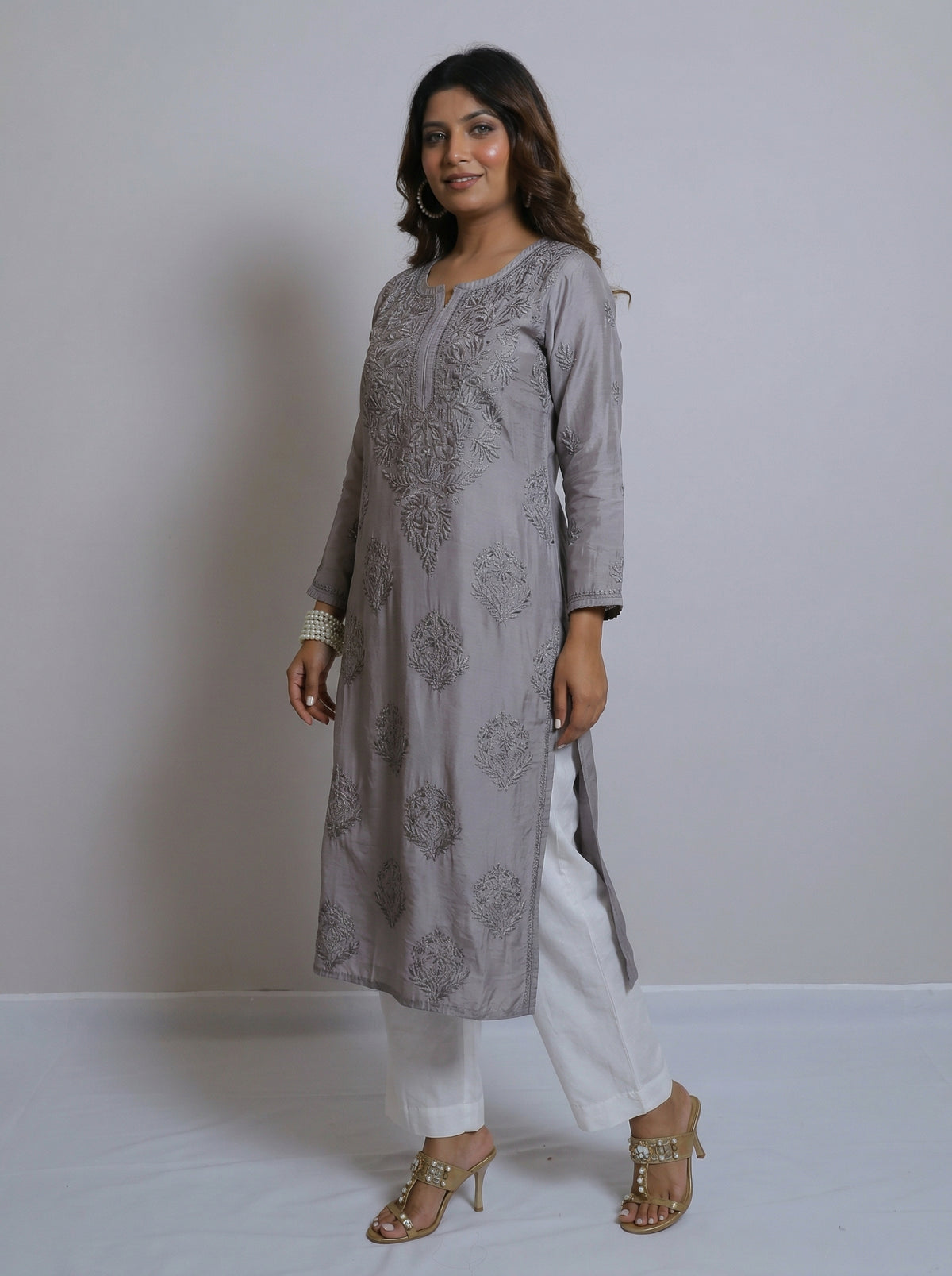 Slate Grey Muslin Kurta - Intricate Tonal Embroidery