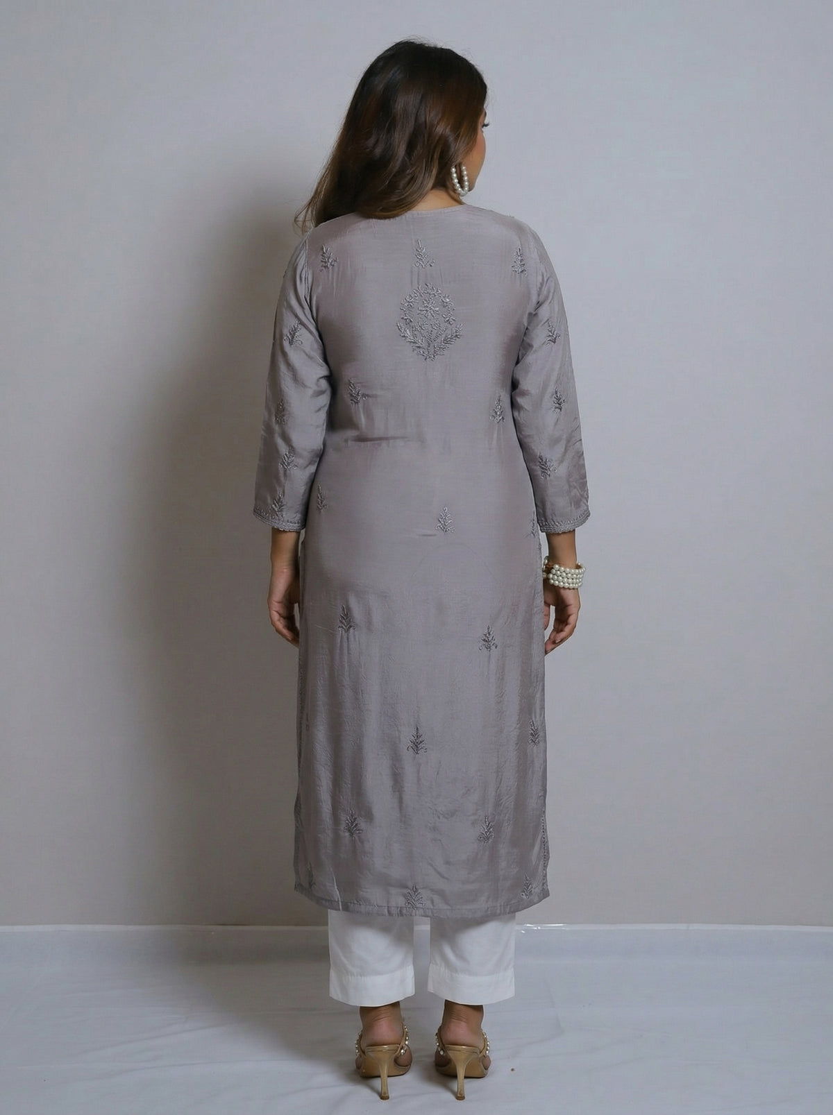 Slate Grey Muslin Kurta - Intricate Tonal Embroidery