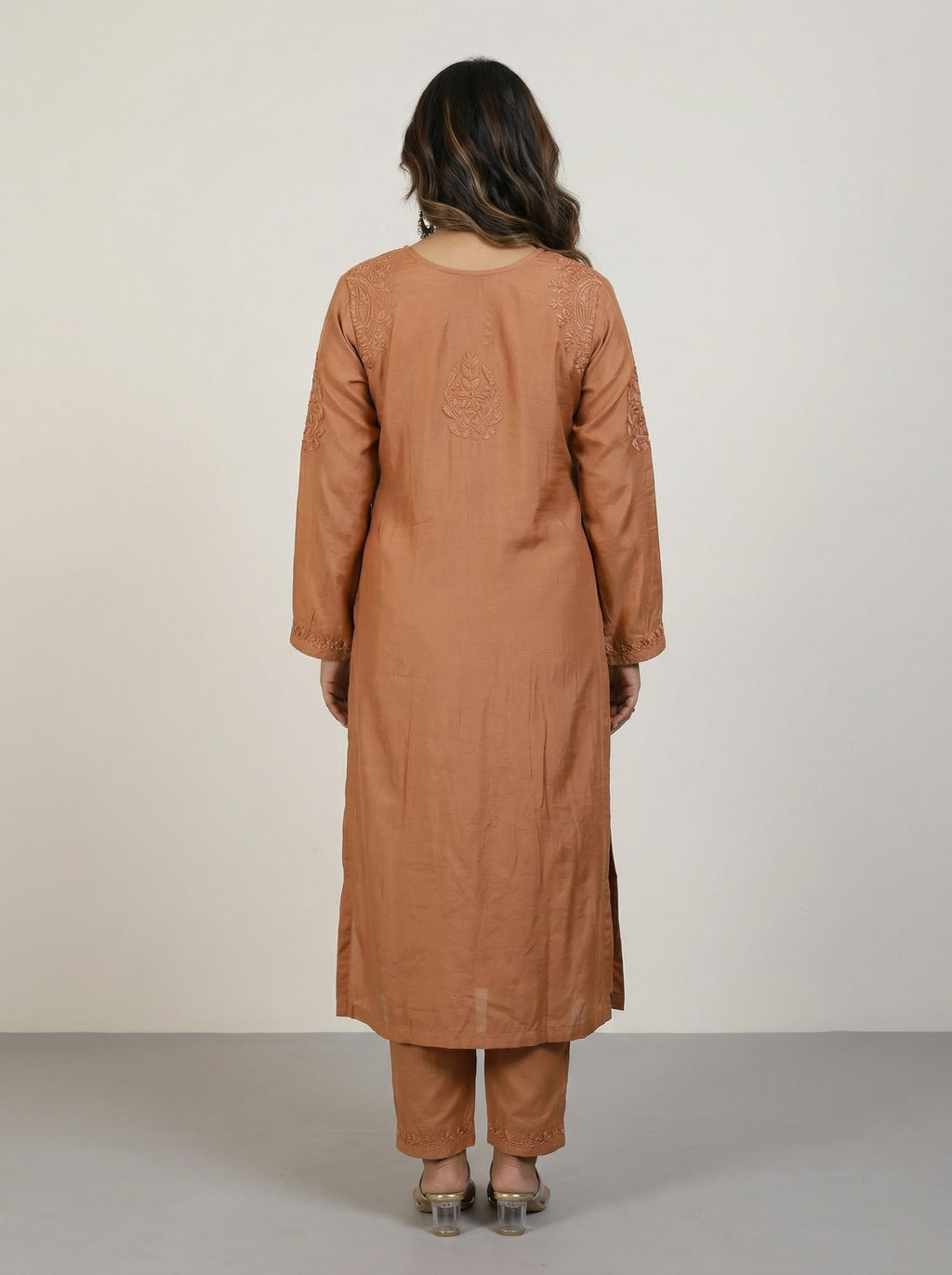 Rust Brown Muslin Kurta with Lucknowi Chikankari Handwork