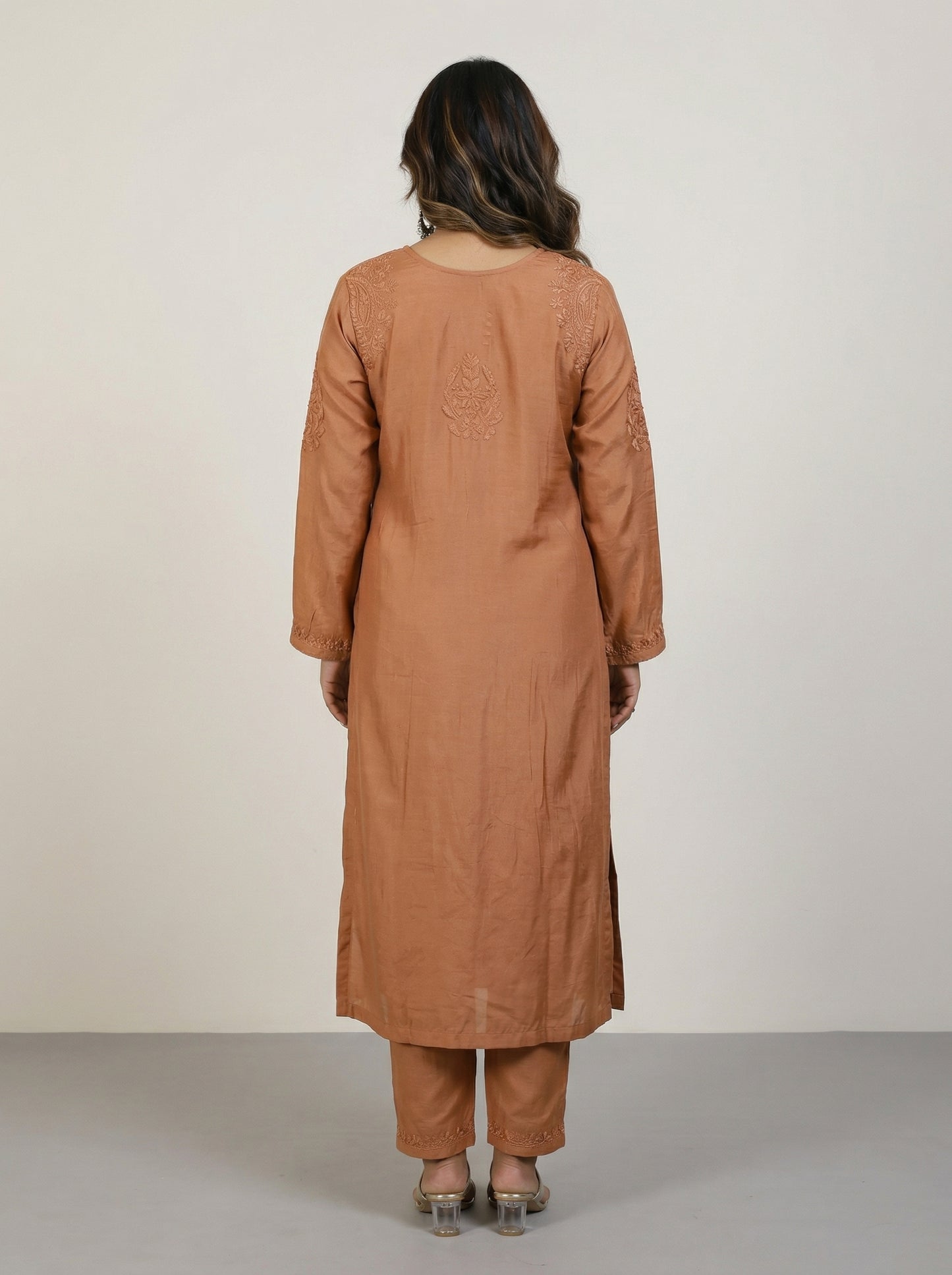 Rust Brown Muslin Kurta with Lucknowi Chikankari Handwork