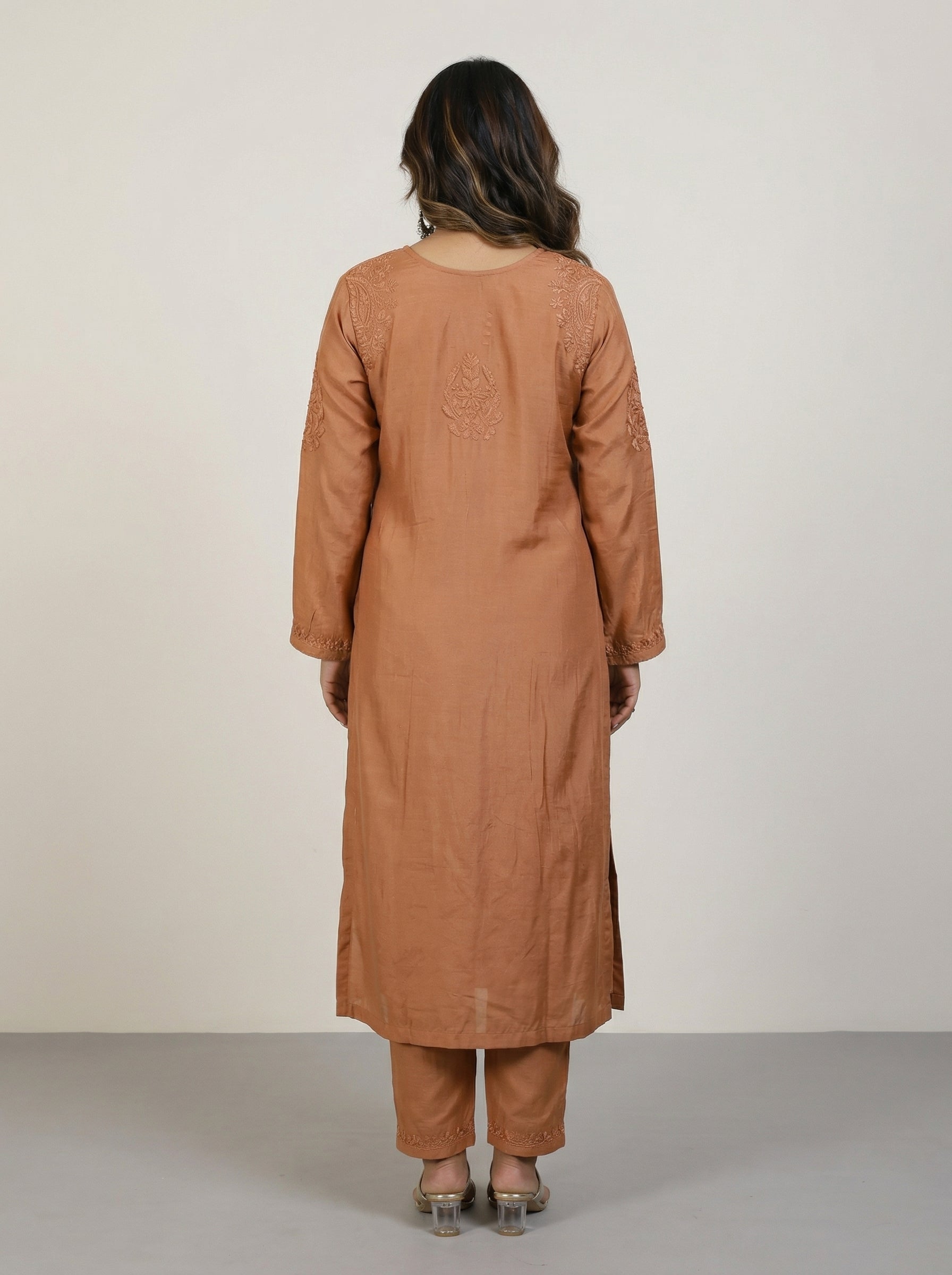 Rust Brown Muslin Kurta with Lucknowi Chikankari Handwork