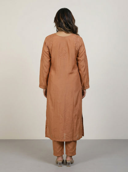 Rust Brown Muslin Kurta with Lucknowi Chikankari Handwork