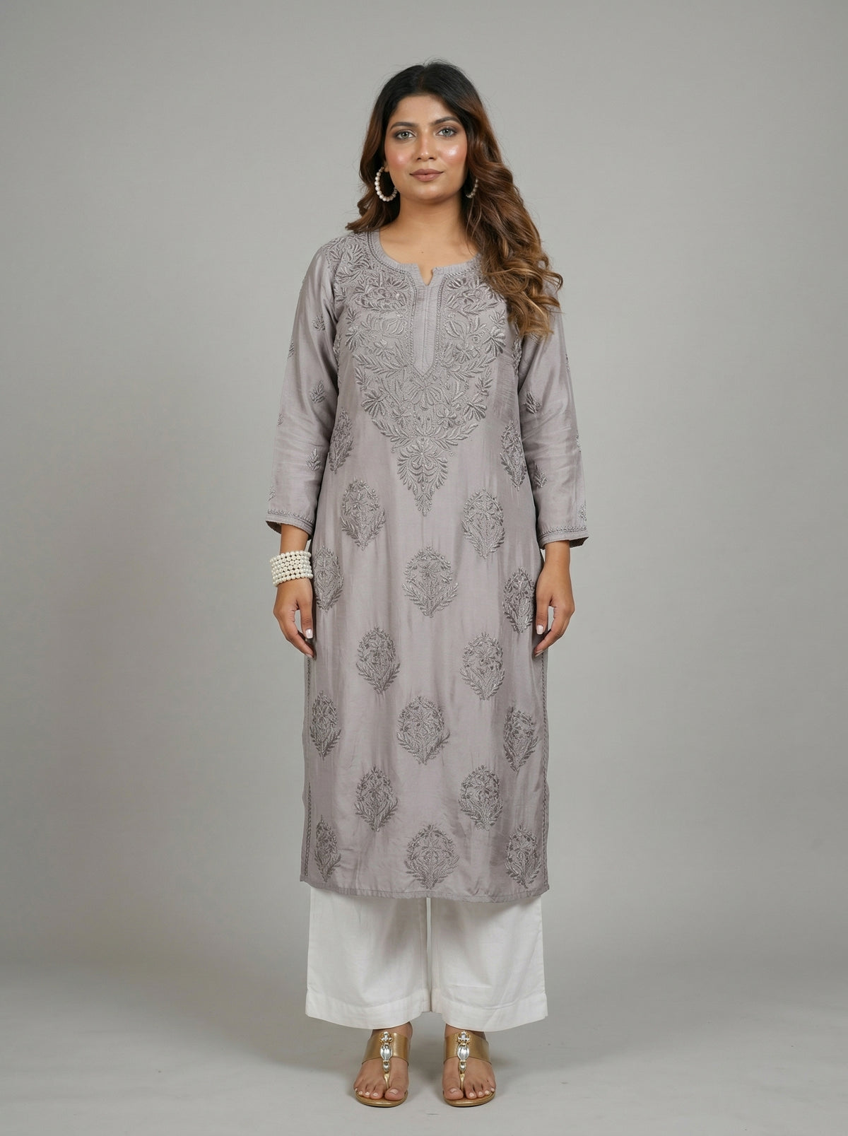 Slate Grey Muslin Kurta - Intricate Tonal Embroidery