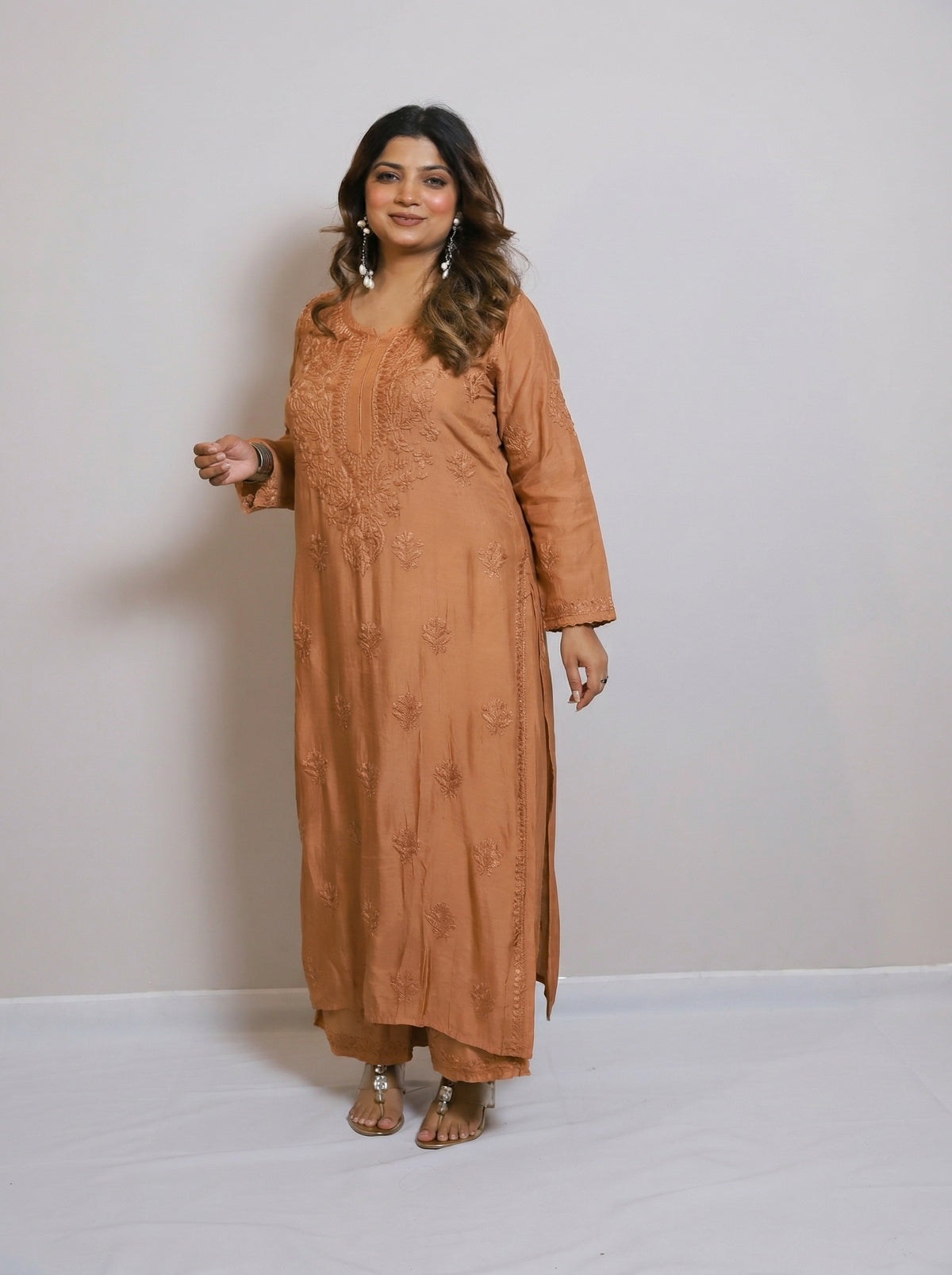 Rust Brown Muslin Kurta with Lucknowi Chikankari Handwork