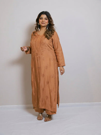 Rust Brown Muslin Kurta with Lucknowi Chikankari Handwork