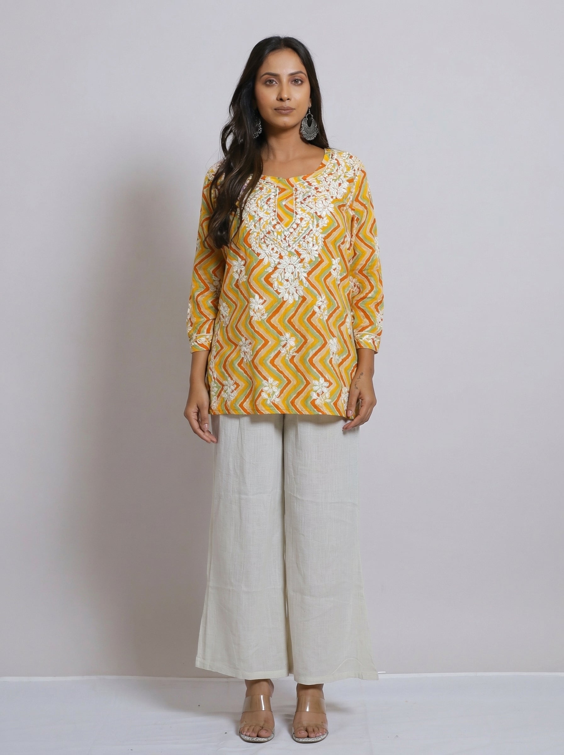 Multicolor Chevron Print Tunic with Chikankari Embroidery