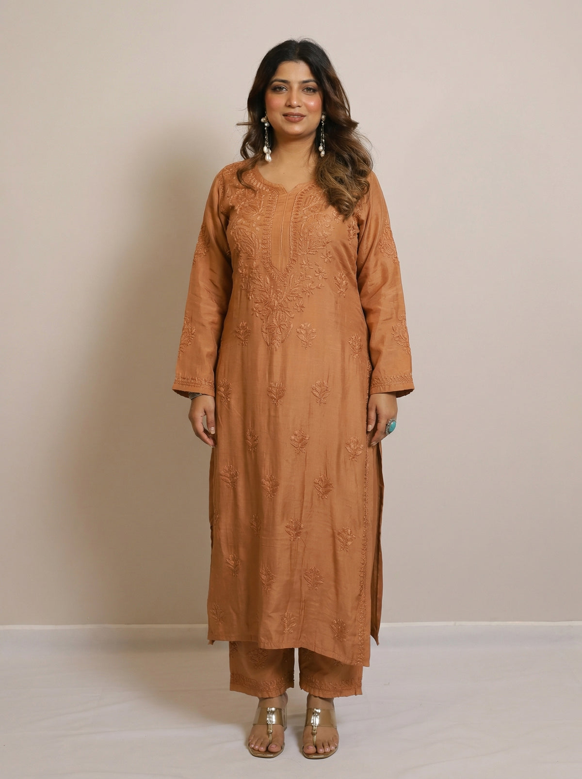 Rust Brown Muslin Kurta with Lucknowi Chikankari Handwork