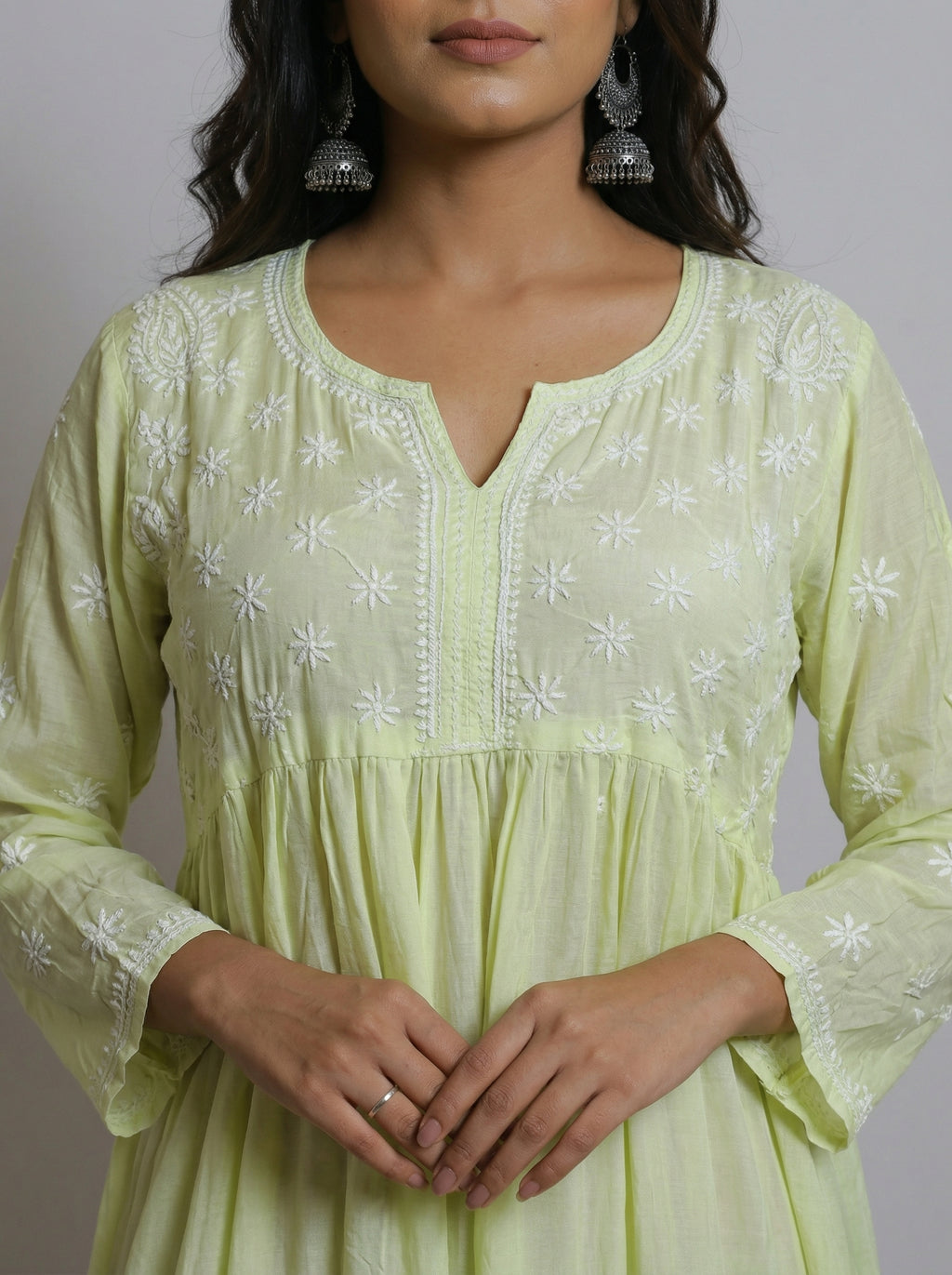 Lemon Yellow to Teal Ombre Muslin Kurta with Hand Chikankari Embroidery