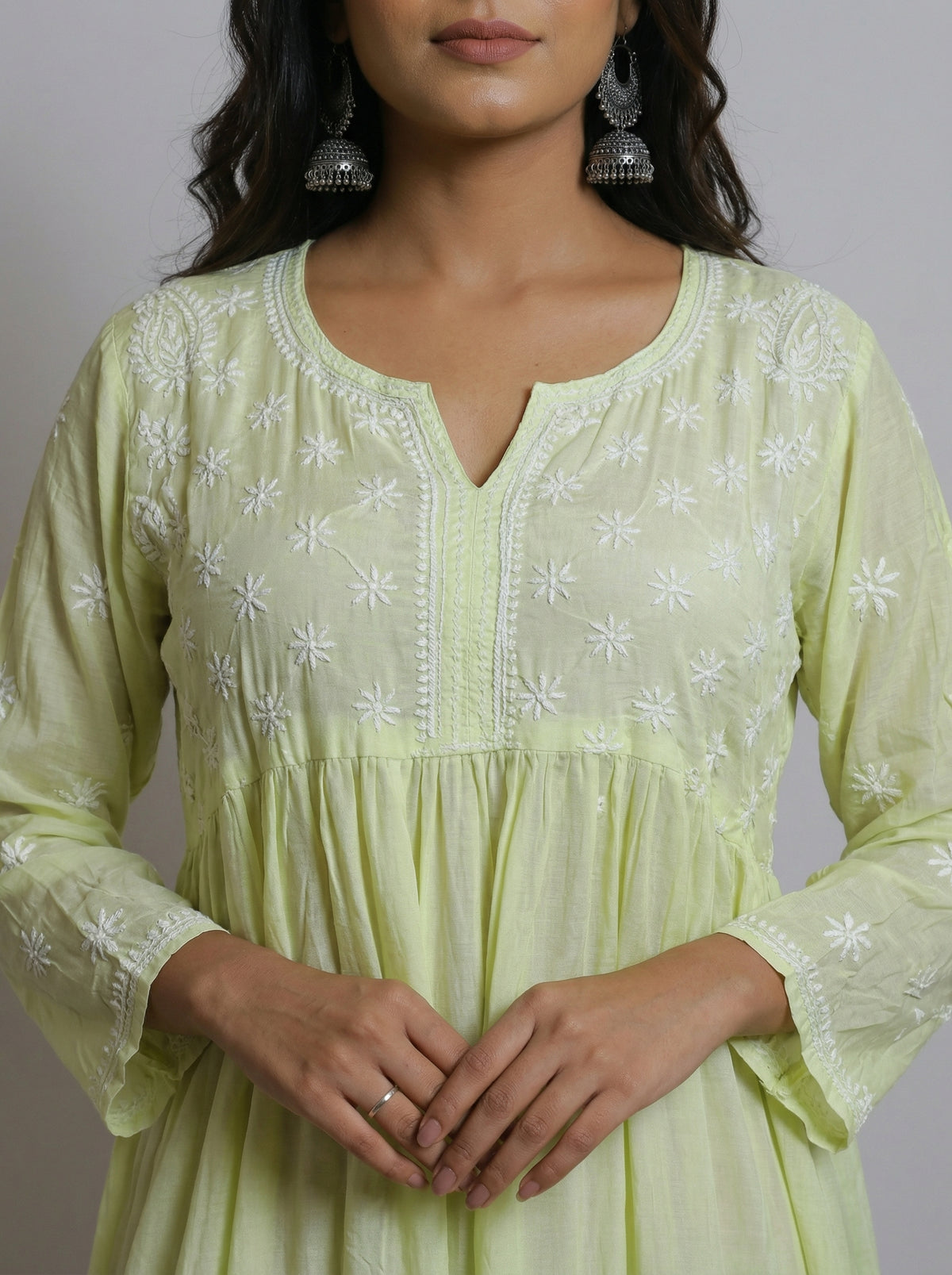 Lemon Yellow to Teal Ombre Muslin Kurta with Hand Chikankari Embroidery