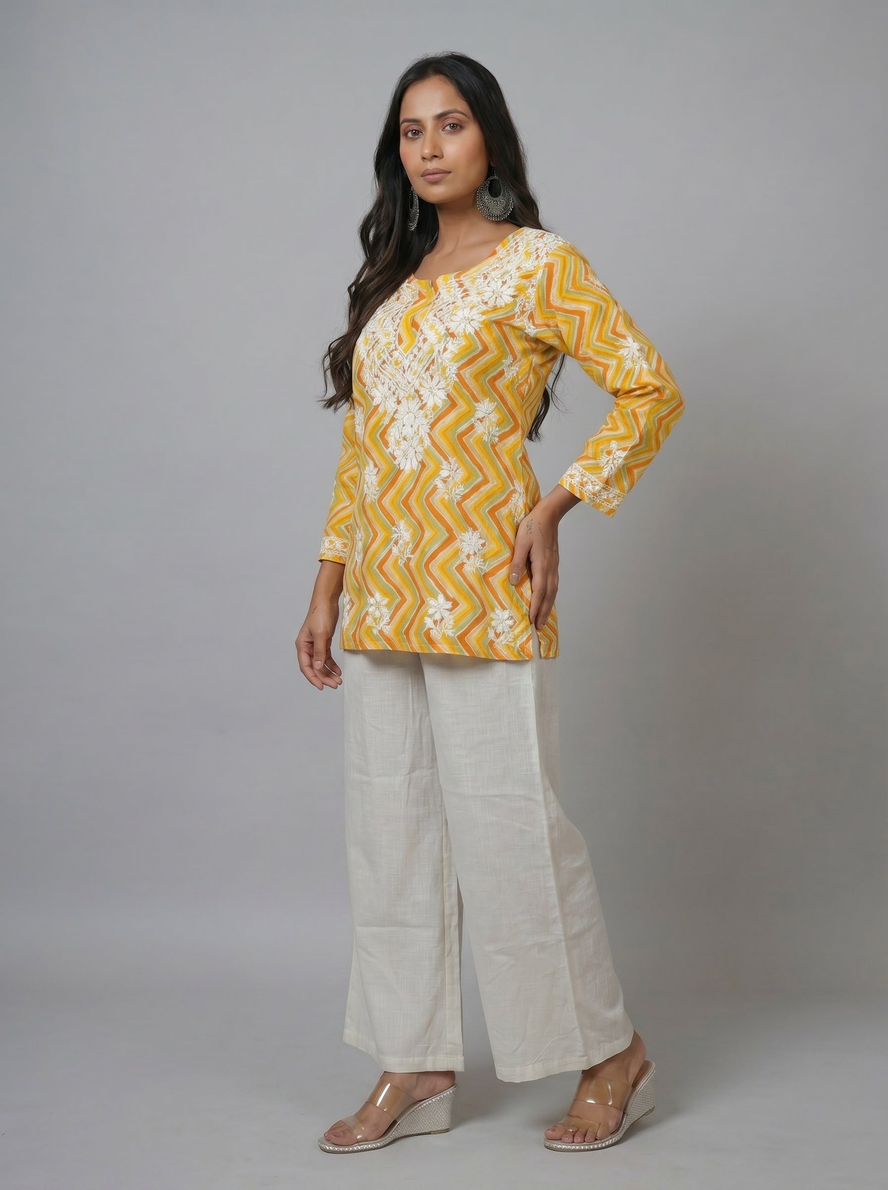 Multicolor Chevron Print Tunic with Chikankari Embroidery