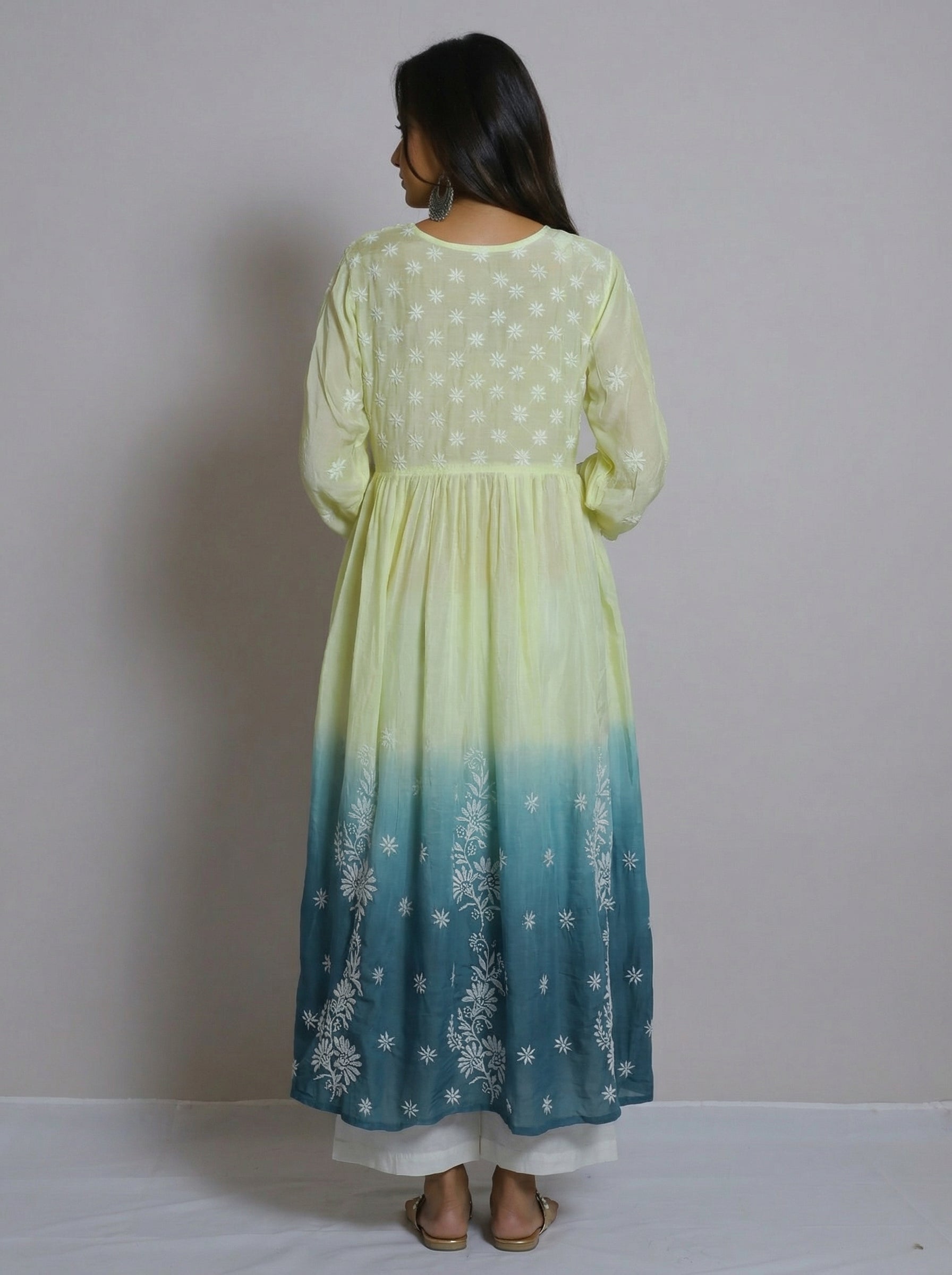 Lemon Yellow to Teal Ombre Muslin Kurta with Hand Chikankari Embroidery
