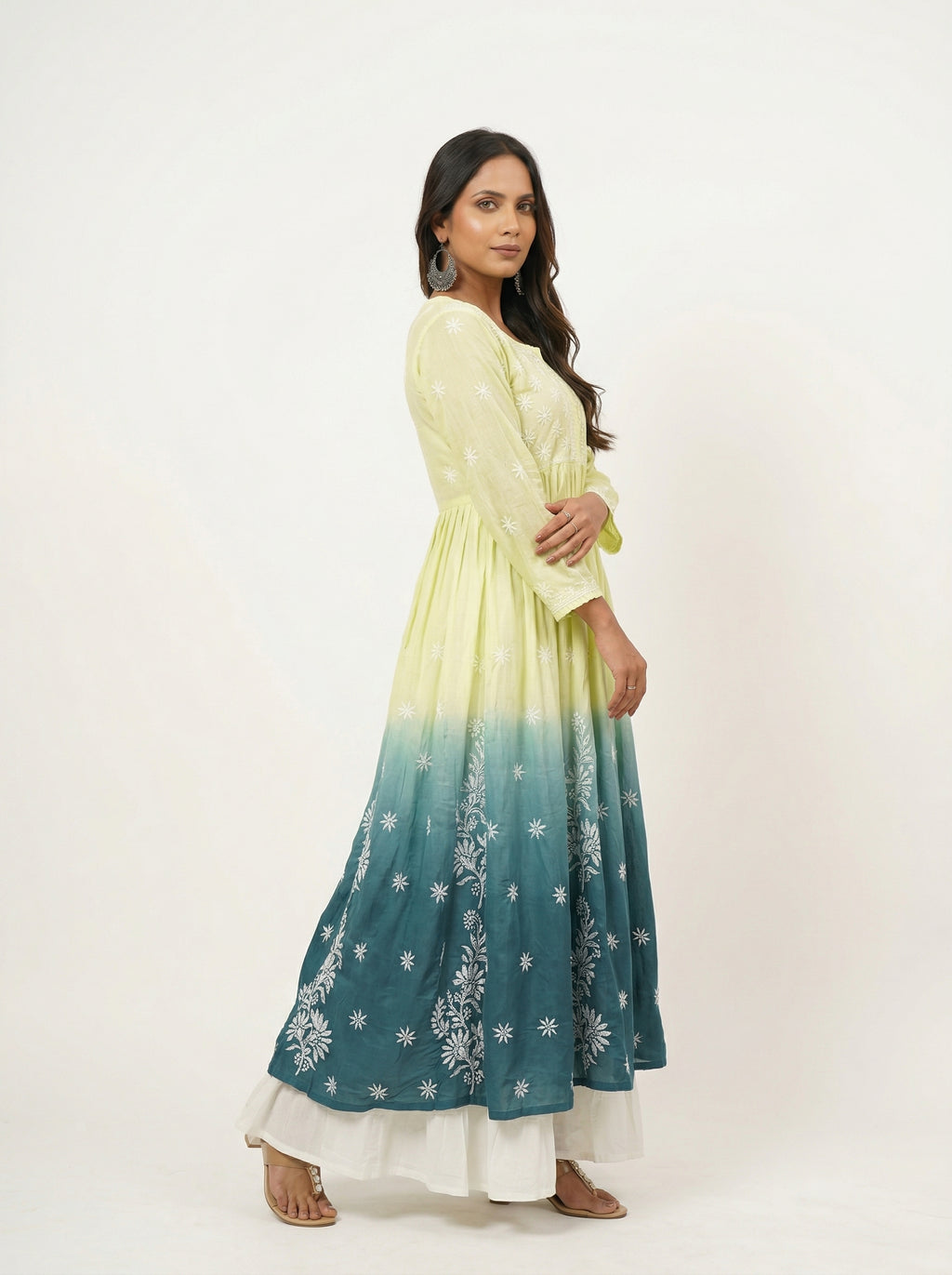 Lemon Yellow to Teal Ombre Muslin Kurta with Hand Chikankari Embroidery