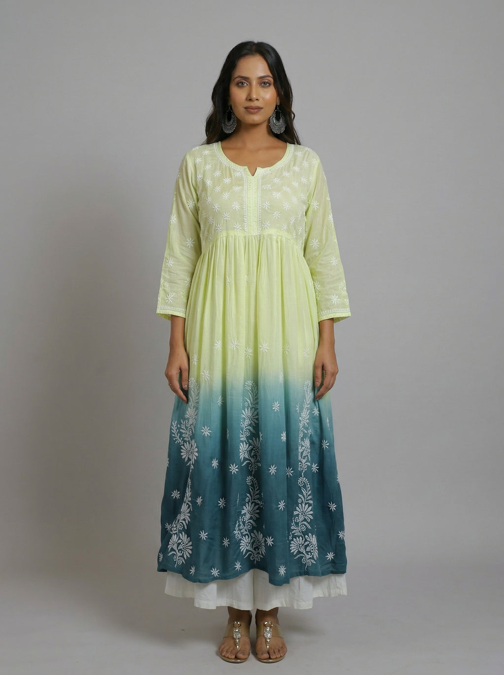 Lemon Yellow to Teal Ombre Muslin Kurta with Hand Chikankari Embroidery