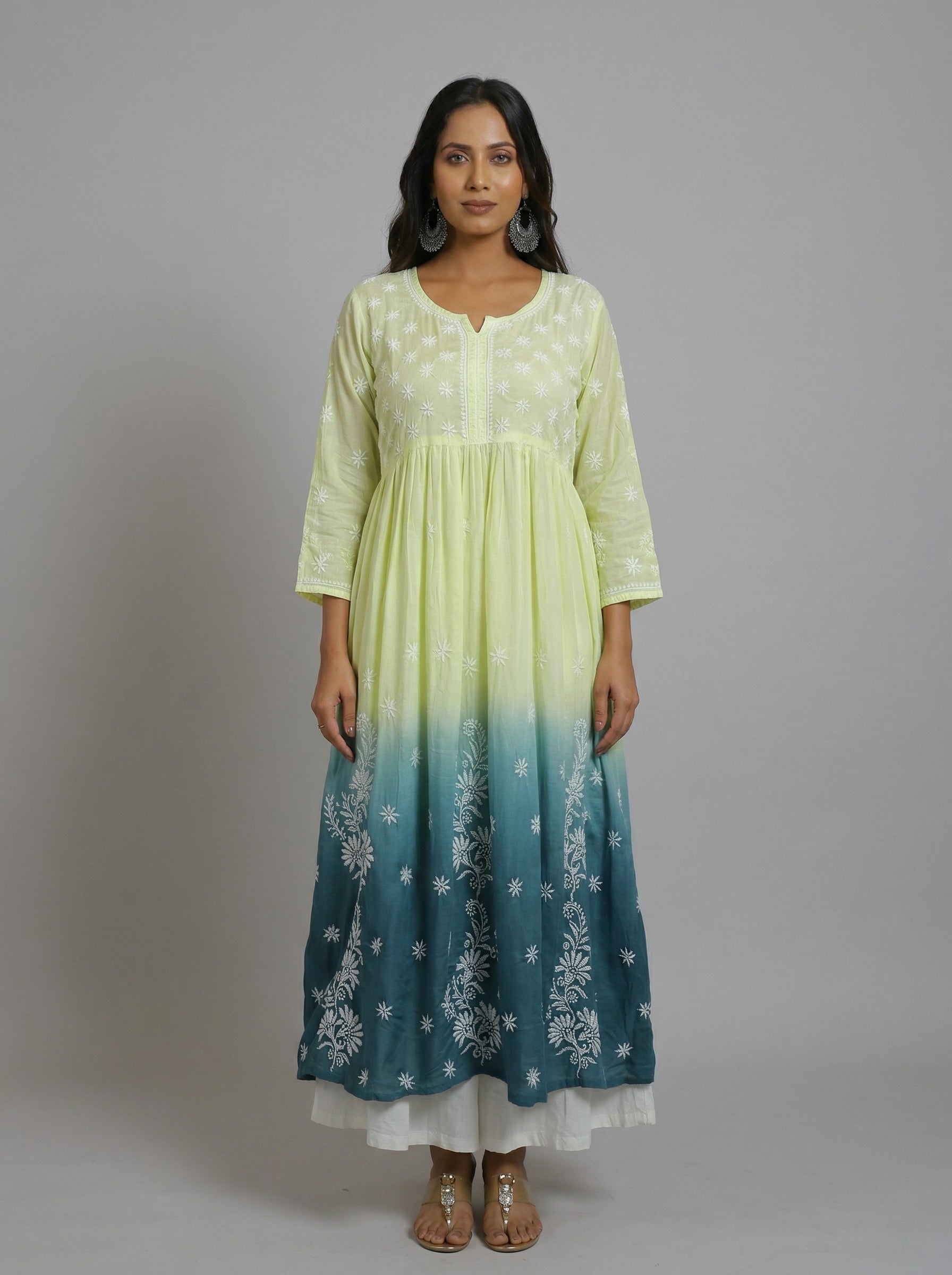Lemon Yellow to Teal Ombre Muslin Kurta with Hand Chikankari Embroidery