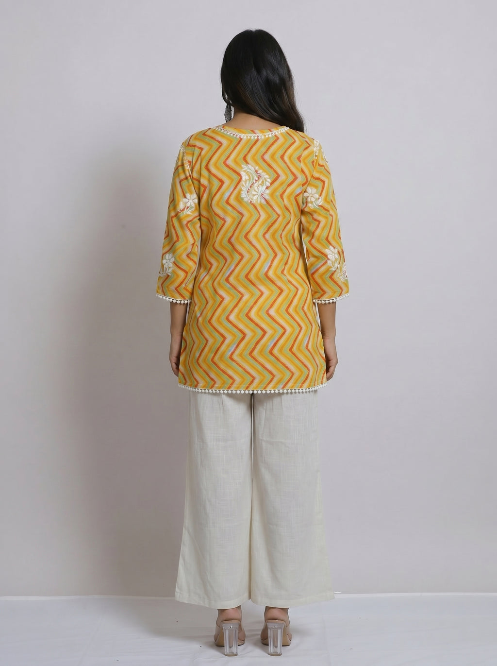 Multicolor Chevron Print Tunic with Chikankari Embroidery