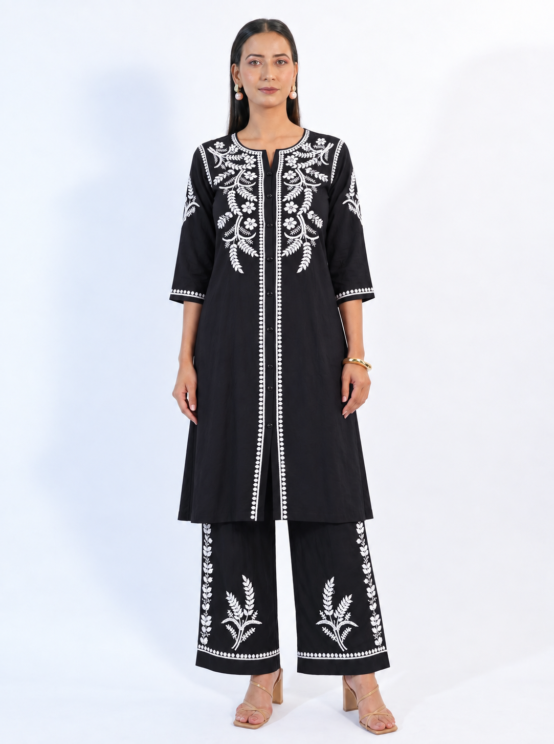 Elegant Black Modal Chikankari Co-ord Set with Straight Pants
